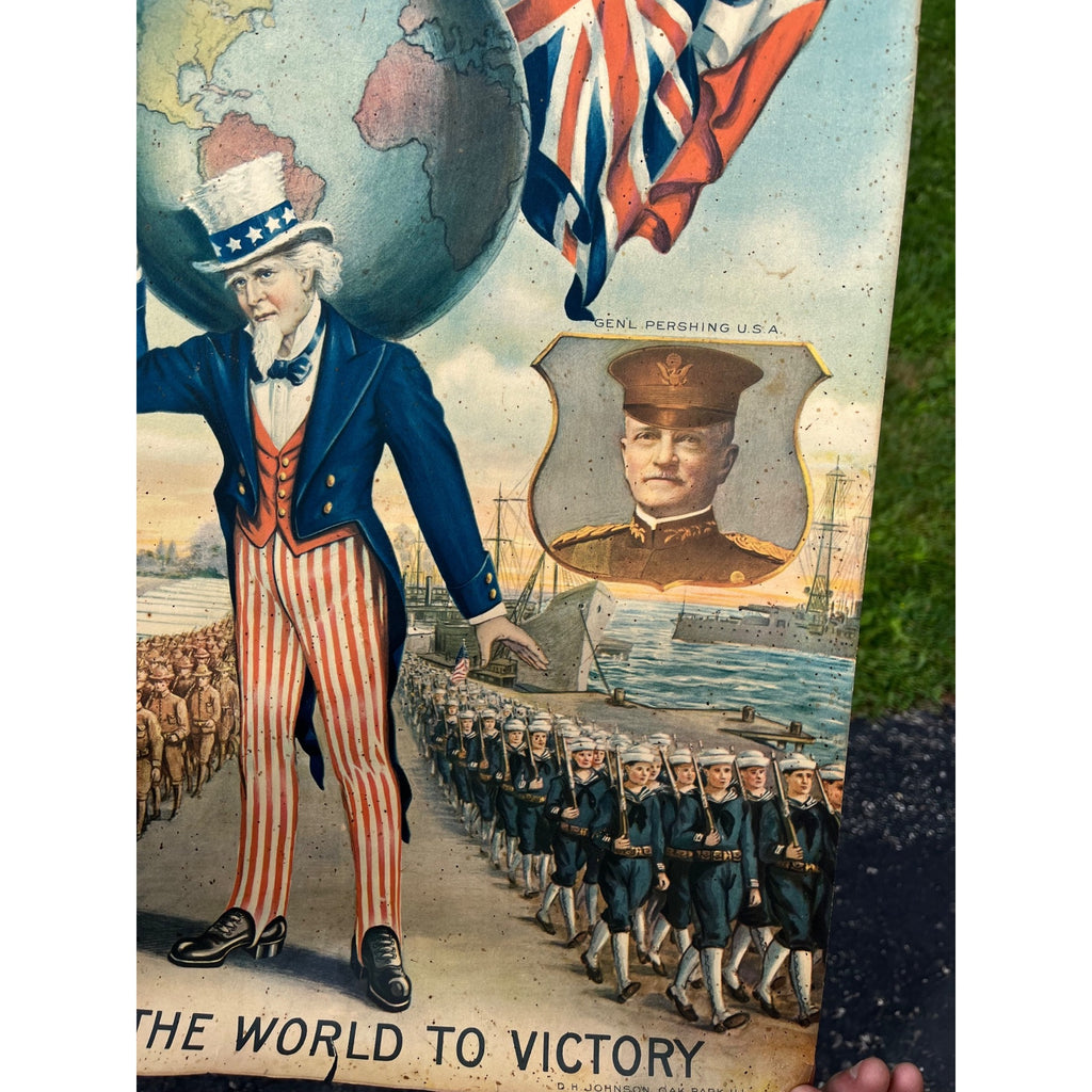1918 WWI Woodrow Wilson & General Pershing Carrying the World to Victory Poster