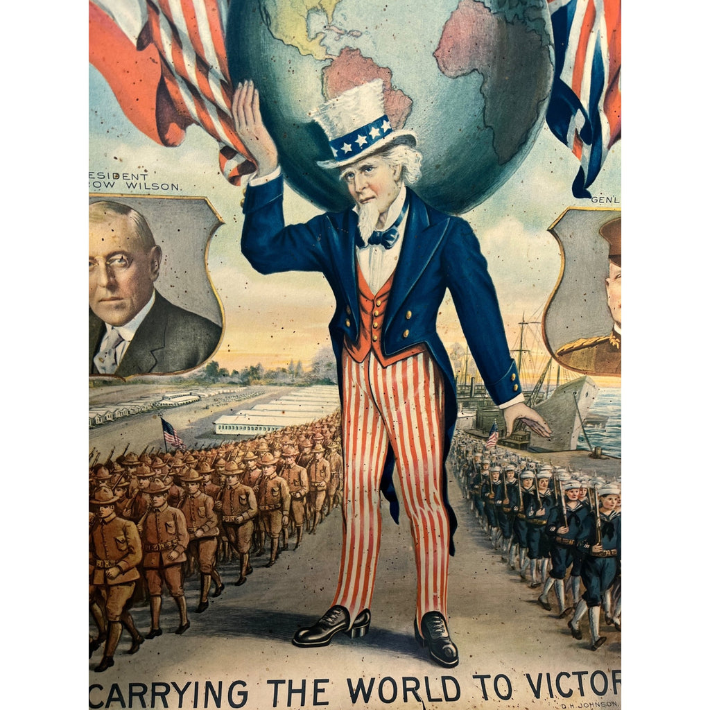 1918 WWI Woodrow Wilson & General Pershing Carrying the World to Victory Poster