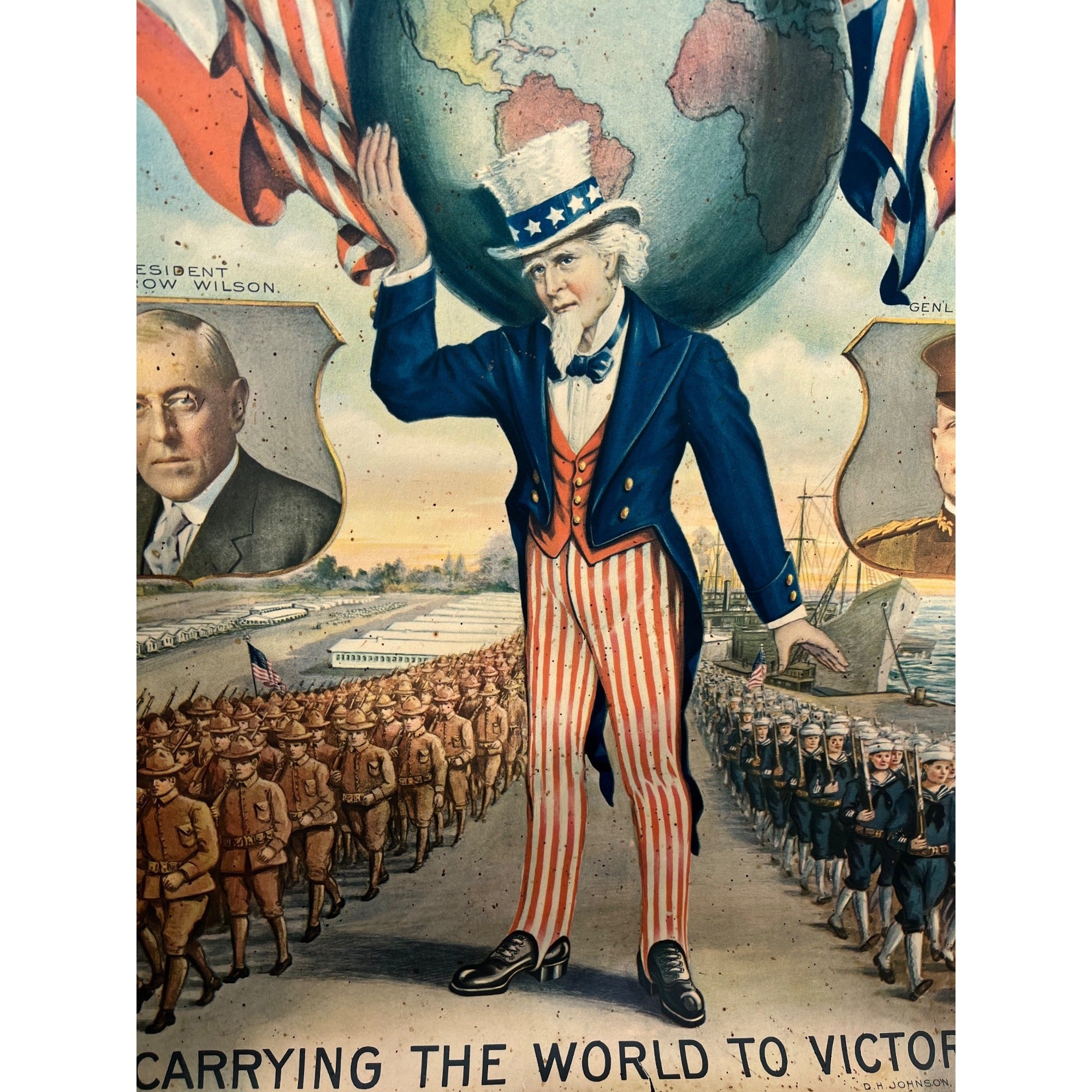 1918 WWI Woodrow Wilson & General Pershing Carrying the World to Victory Poster