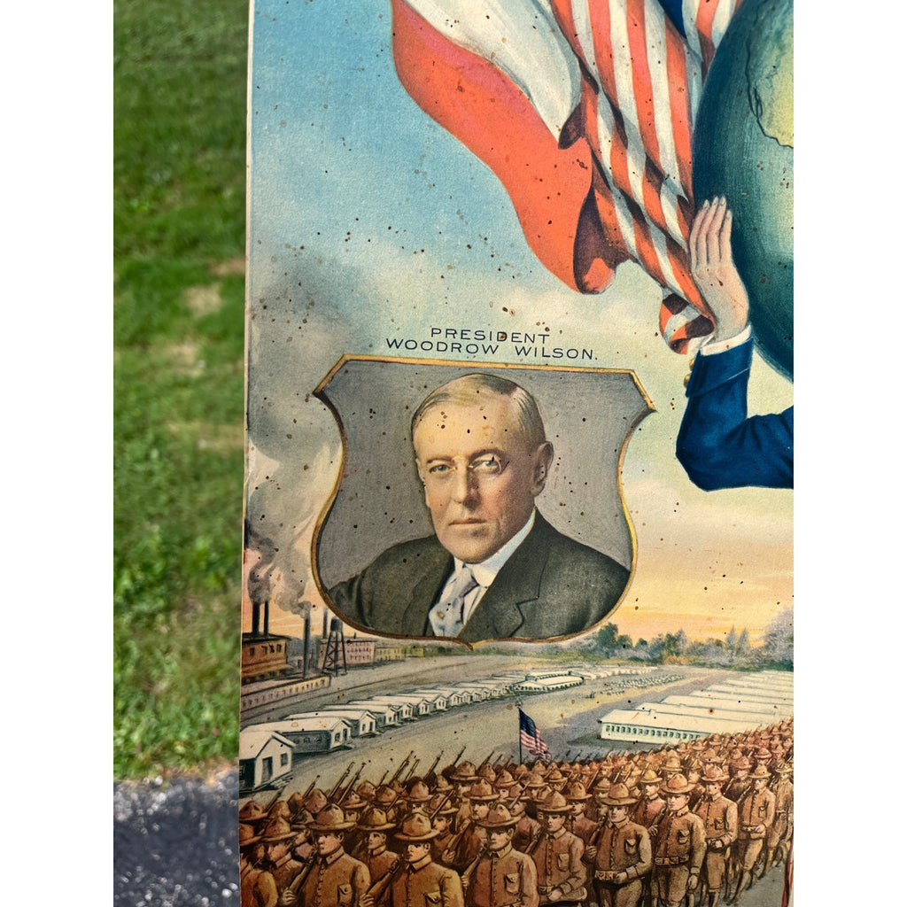 1918 WWI Woodrow Wilson & General Pershing Carrying the World to Victory Poster