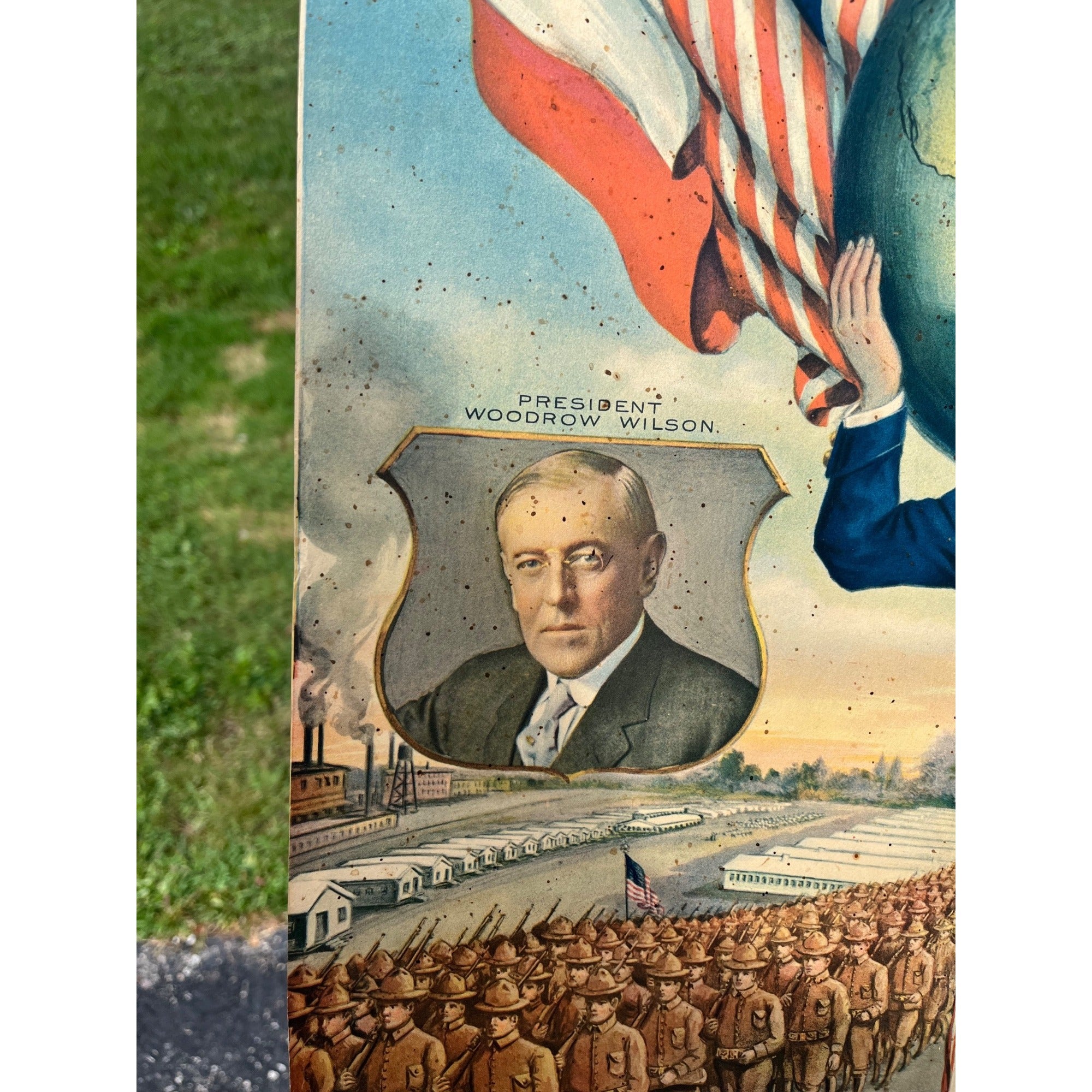 1918 WWI Woodrow Wilson & General Pershing Carrying the World to Victory Poster