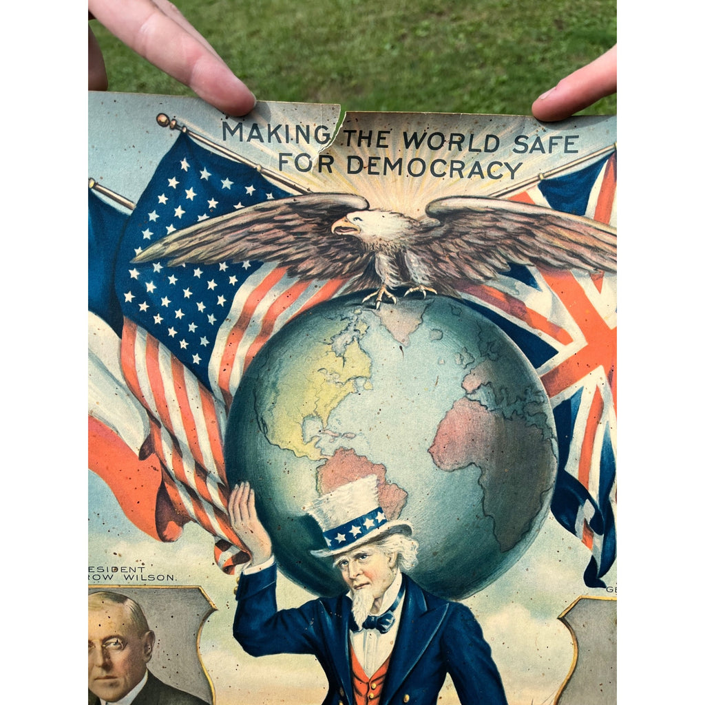 1918 WWI Woodrow Wilson & General Pershing Carrying the World to Victory Poster