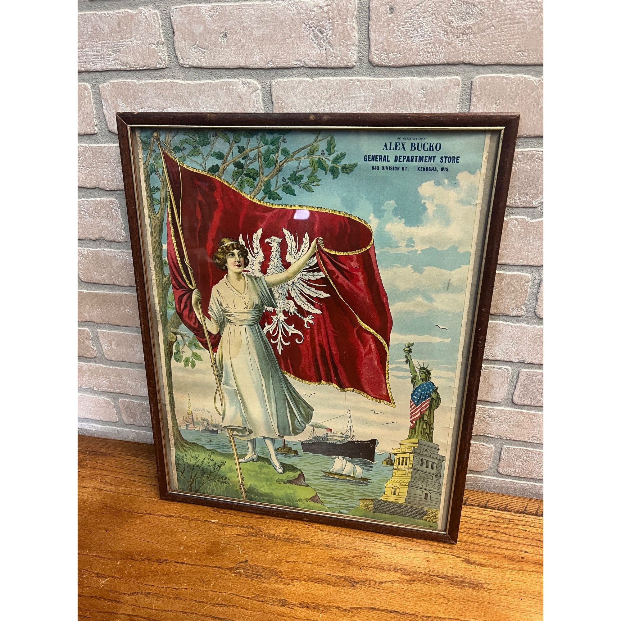 Antique Victorian Litho Print Bucko Kenosha Wis Polish Flag Statue Liberty