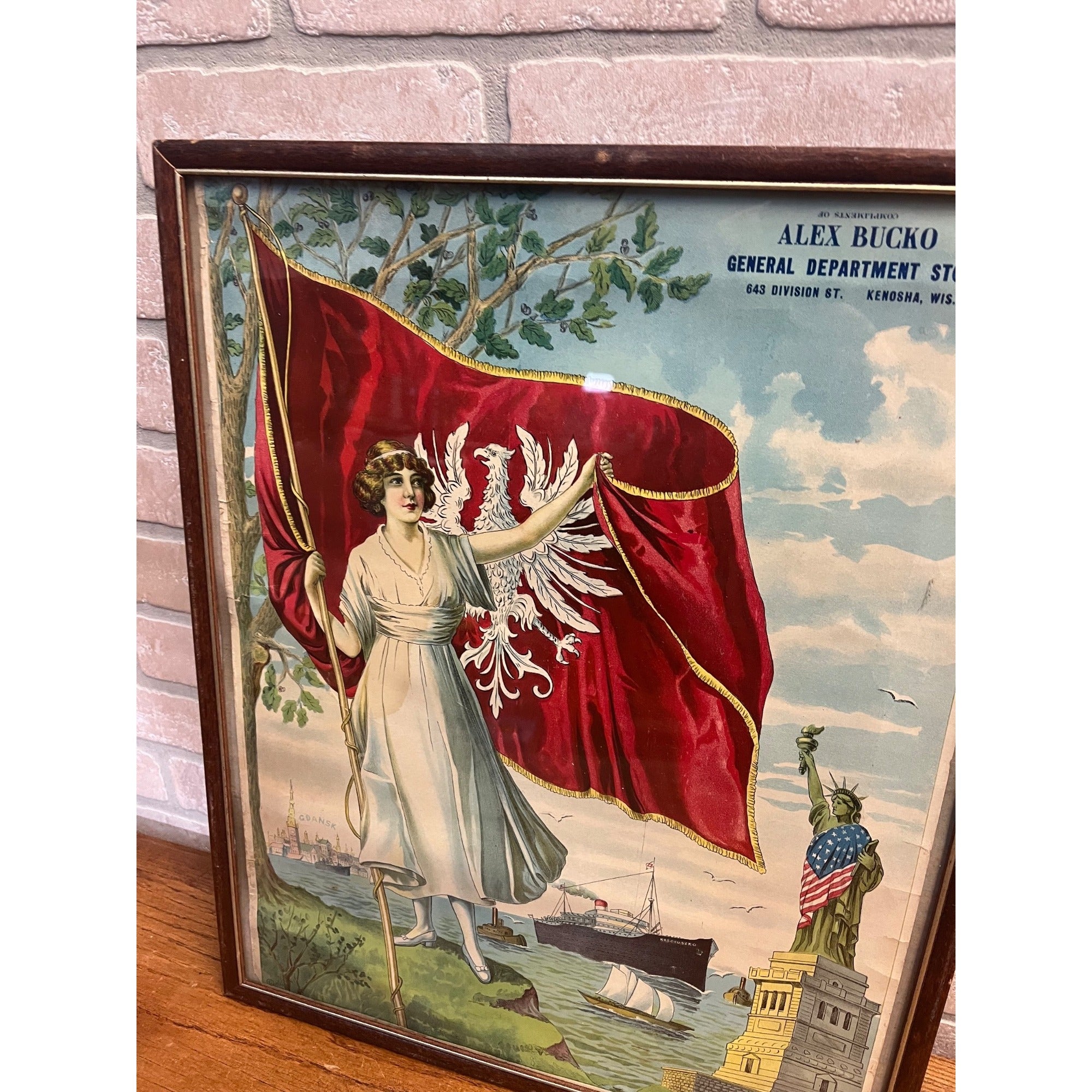 Antique Victorian Litho Print Bucko Kenosha Wis Polish Flag Statue Liberty