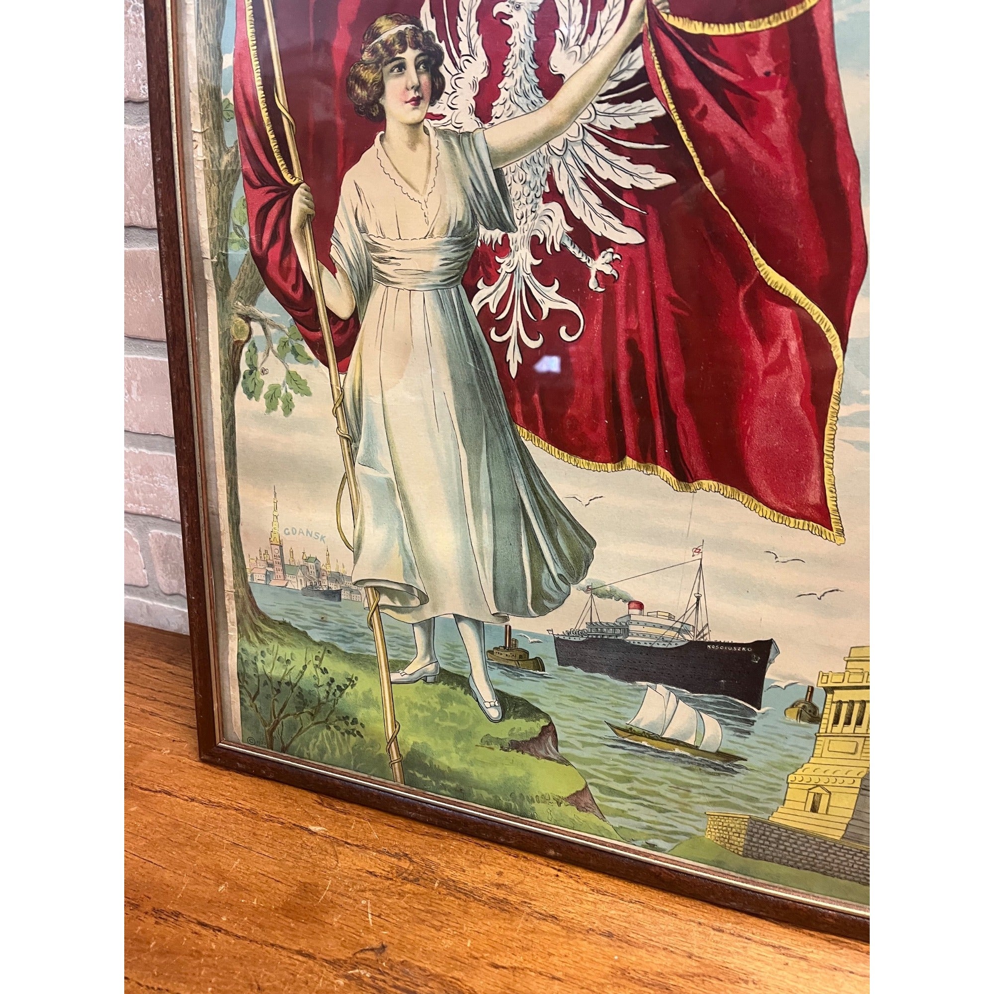 Antique Victorian Litho Print Bucko Kenosha Wis Polish Flag Statue Liberty