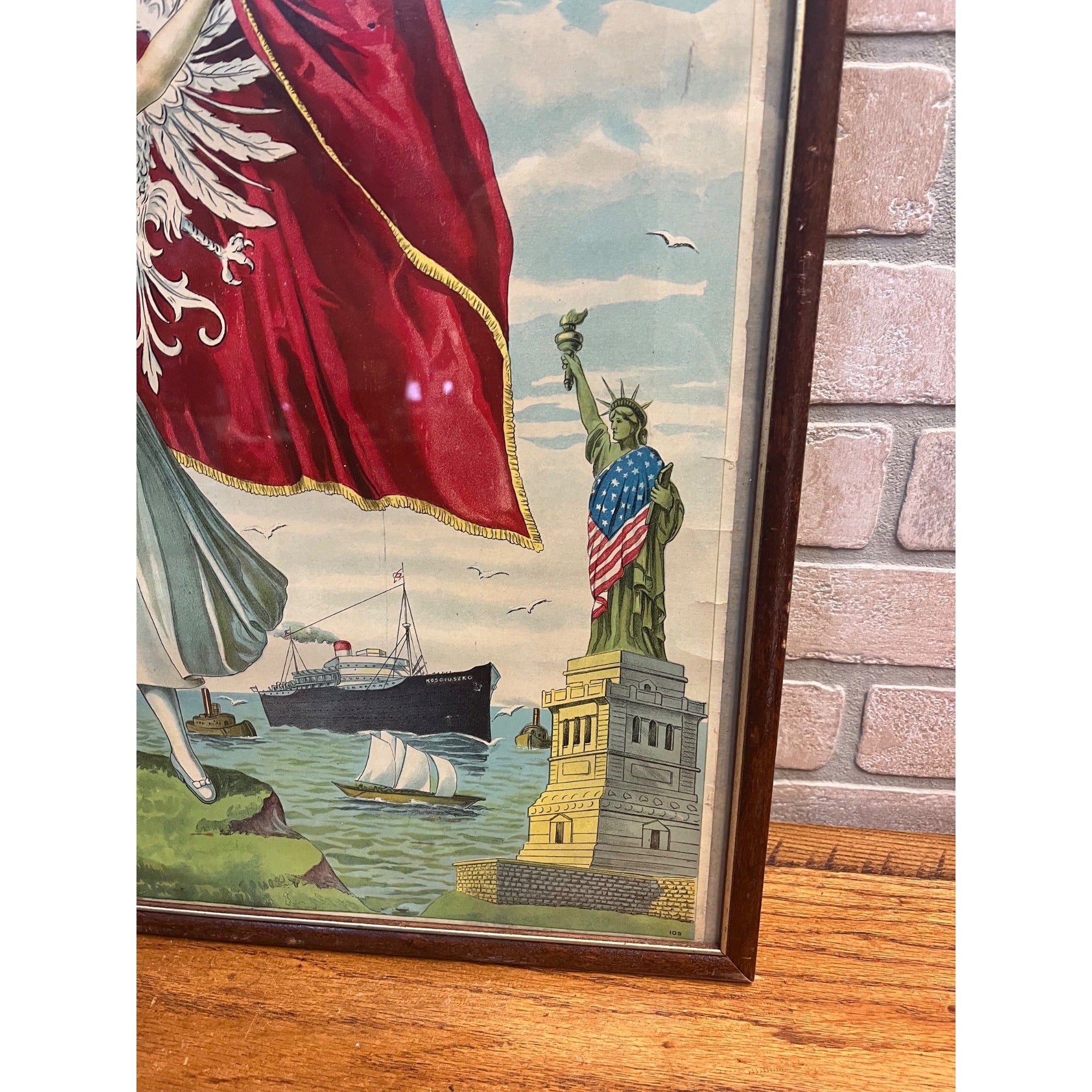 Antique Victorian Litho Print Bucko Kenosha Wis Polish Flag Statue Liberty