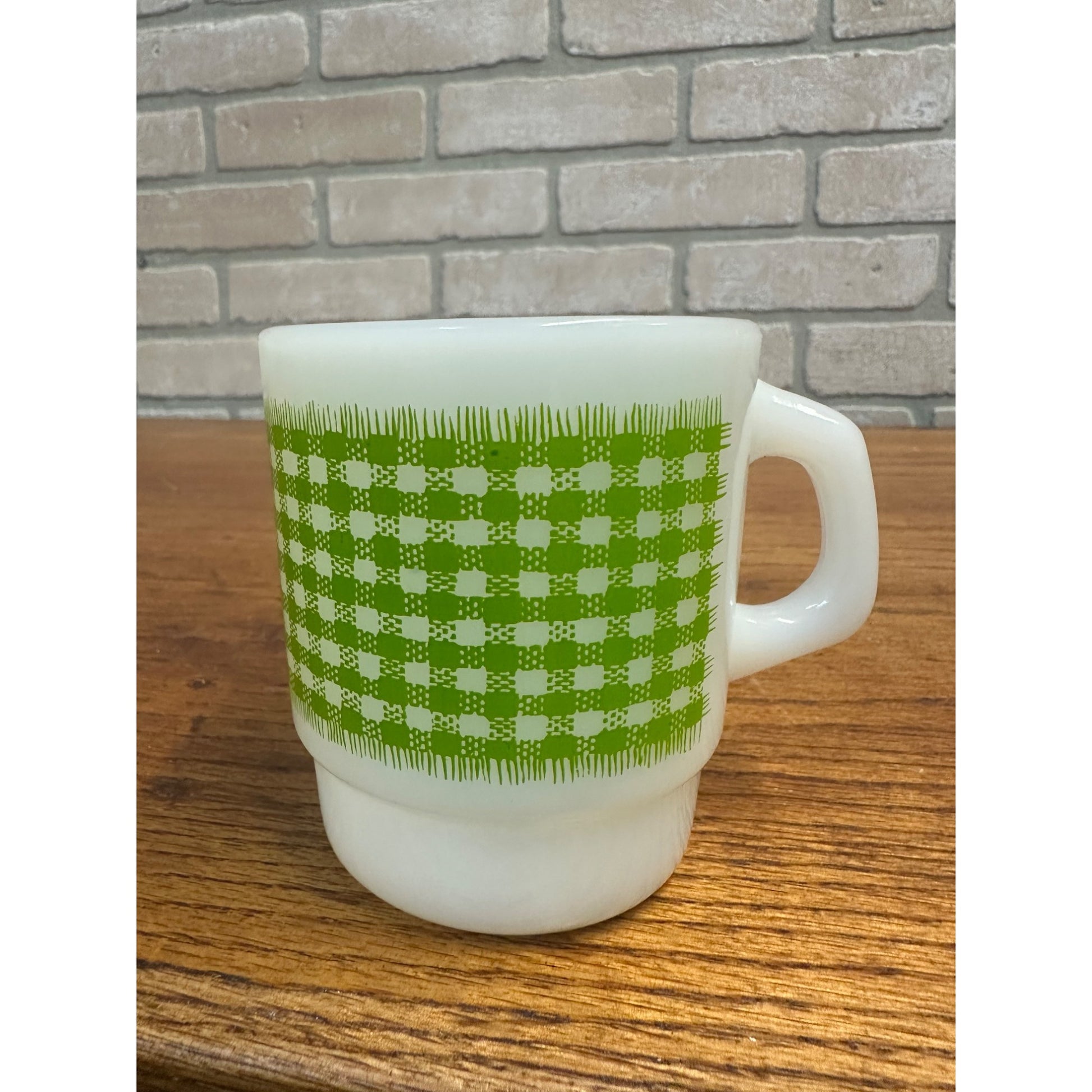 Vintage Fire King Anchor Hocking Gingham Green Plaid Stackable Mug (1)