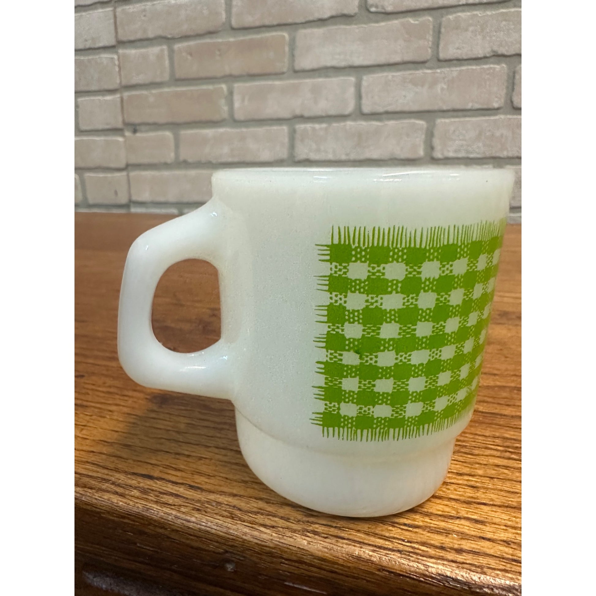 Vintage Fire King Anchor Hocking Gingham Green Plaid Stackable Mug (1)