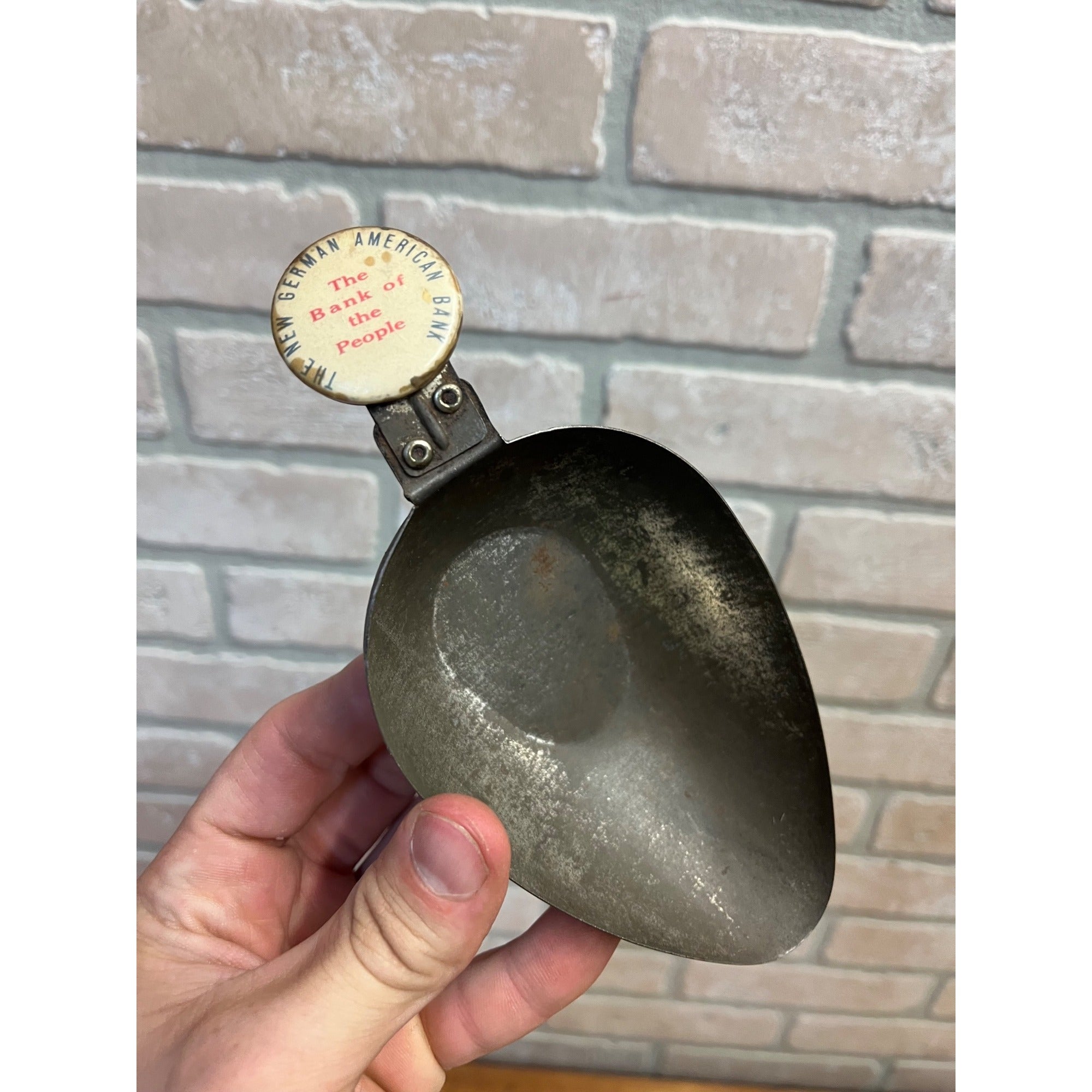 Vintage New German American Bank Promotional Tin/Metal Scoop With Slogan Badge Primitive Kitchen Decor