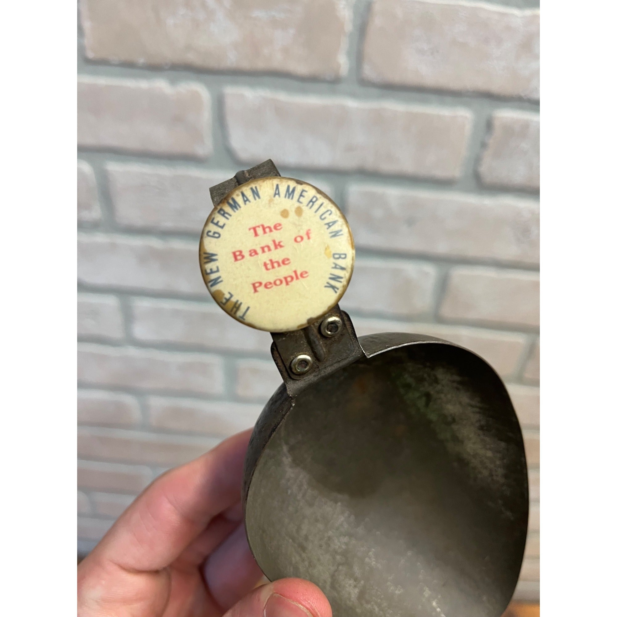 Vintage New German American Bank Promotional Tin/Metal Scoop With Slogan Badge Primitive Kitchen Decor