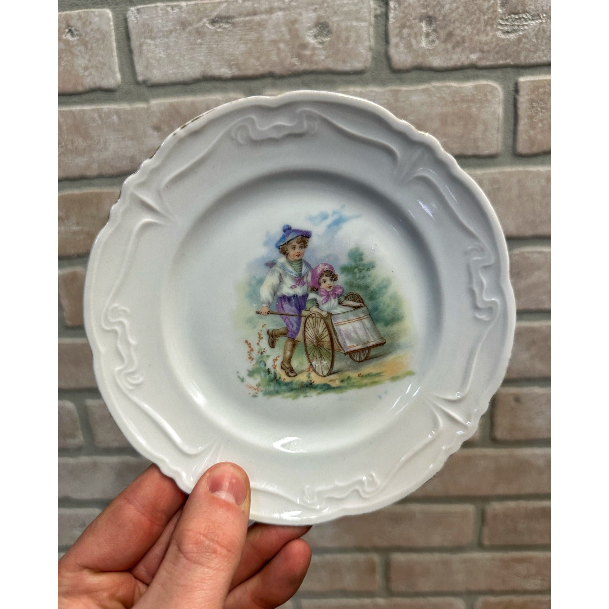 Antique Victorian 1900s Porcelain German Child's Plate Dish Playing Pushing Cart
