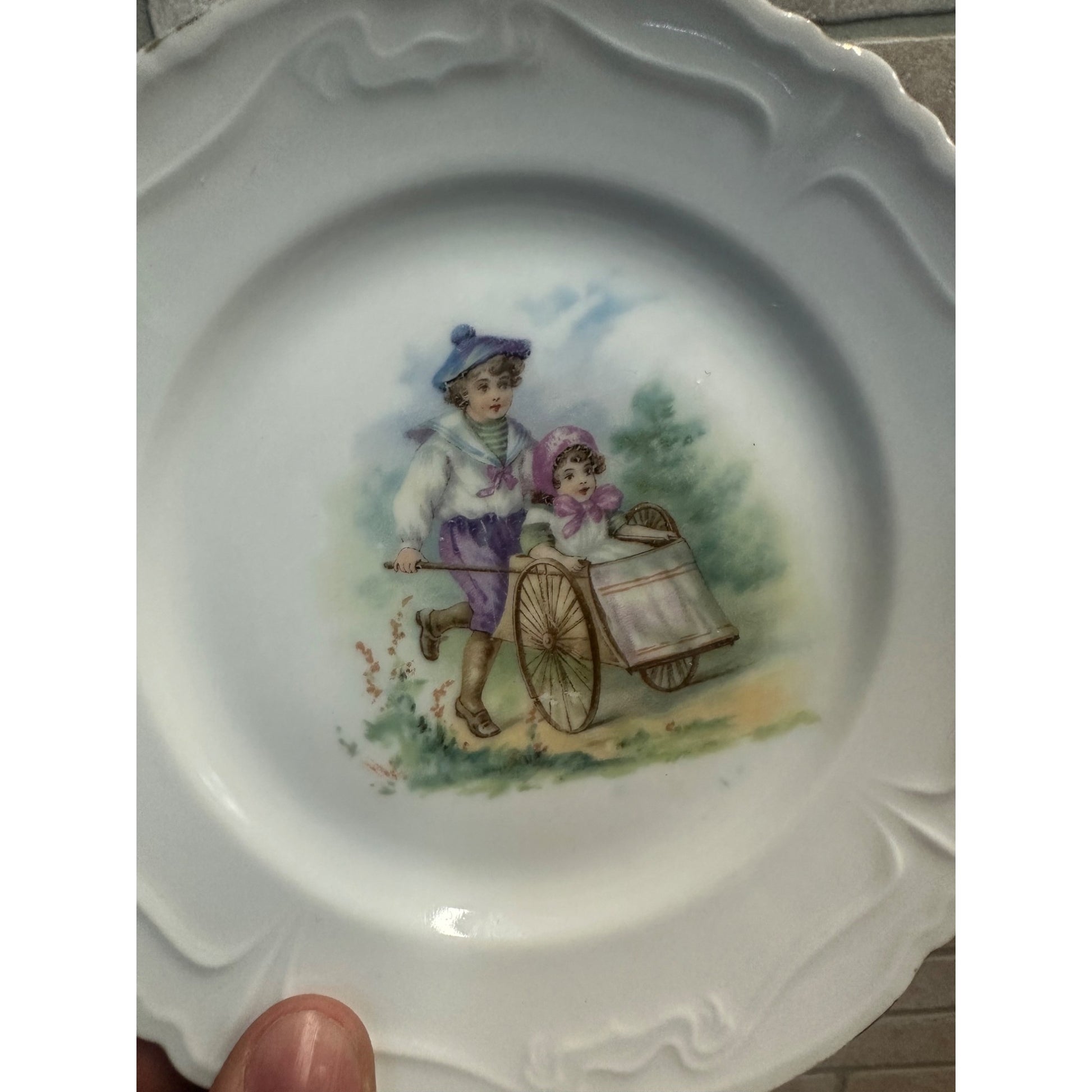 Antique Victorian 1900s Porcelain German Child's Plate Dish Playing Pushing Cart