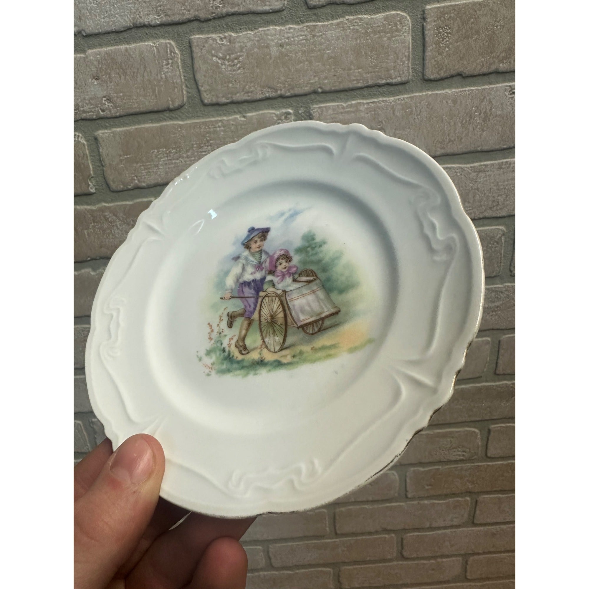 Antique Victorian 1900s Porcelain German Child's Plate Dish Playing Pushing Cart