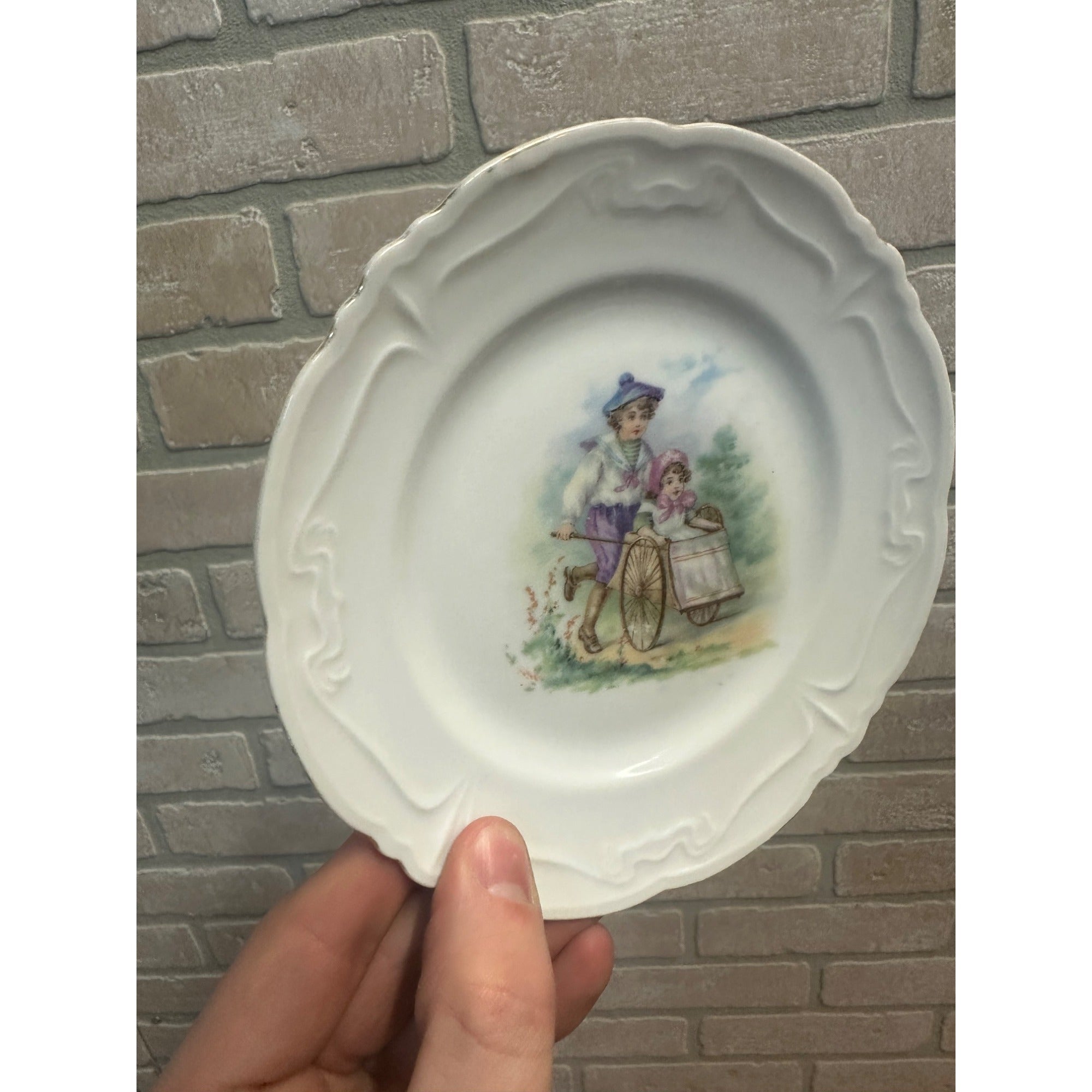 Antique Victorian 1900s Porcelain German Child's Plate Dish Playing Pushing Cart