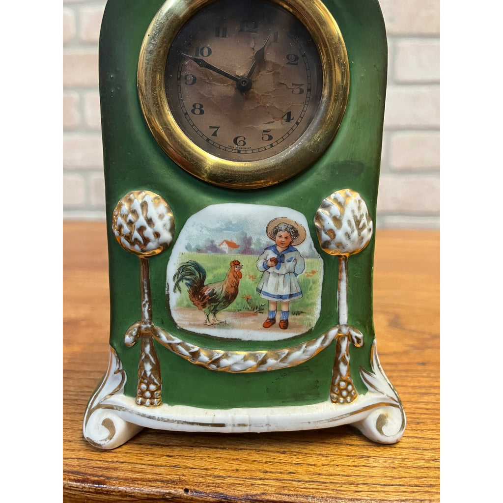 Vintage Porcelain German Table Clock Country Scene RoosterKing Louis Style
