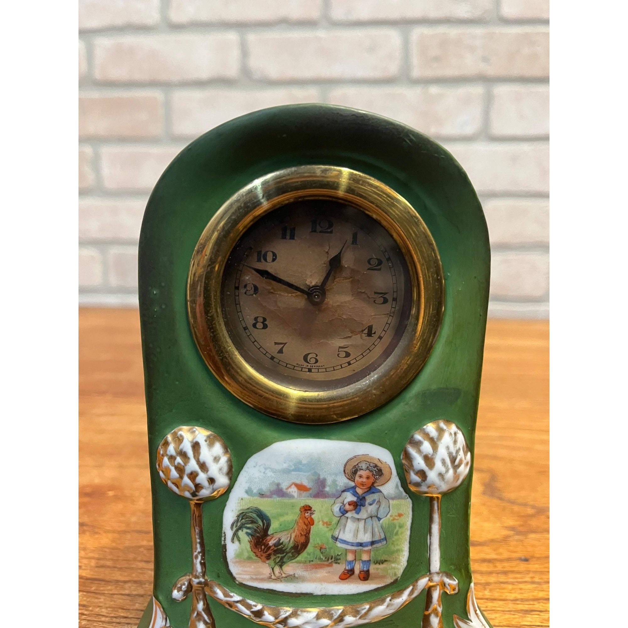 Vintage Porcelain German Table Clock Country Scene RoosterKing Louis Style
