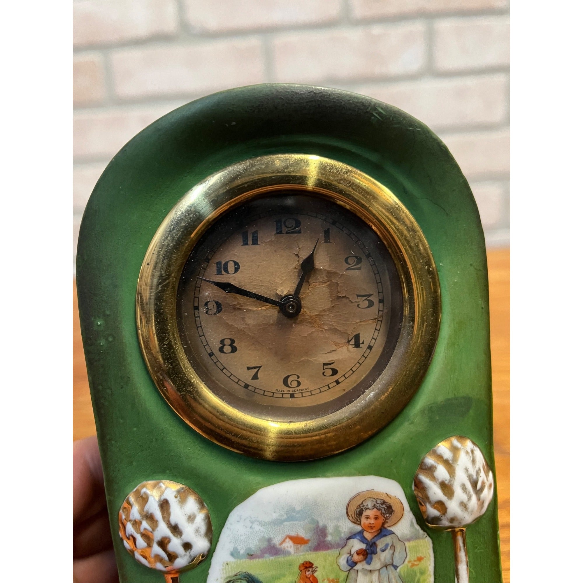 Vintage Porcelain German Table Clock Country Scene RoosterKing Louis Style