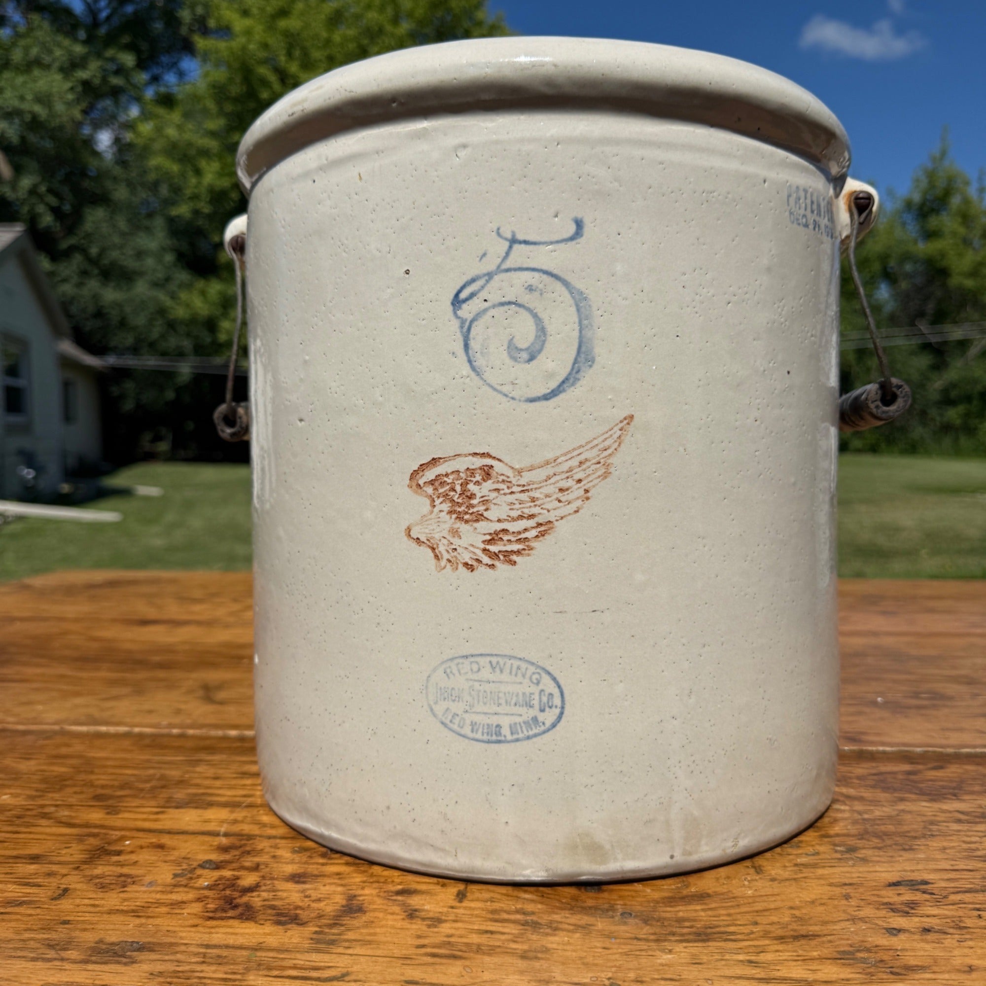 Antique Red Wing 5 Gallon Stoneware Crock Brown Wing Blue 5 Minnesota Crock
