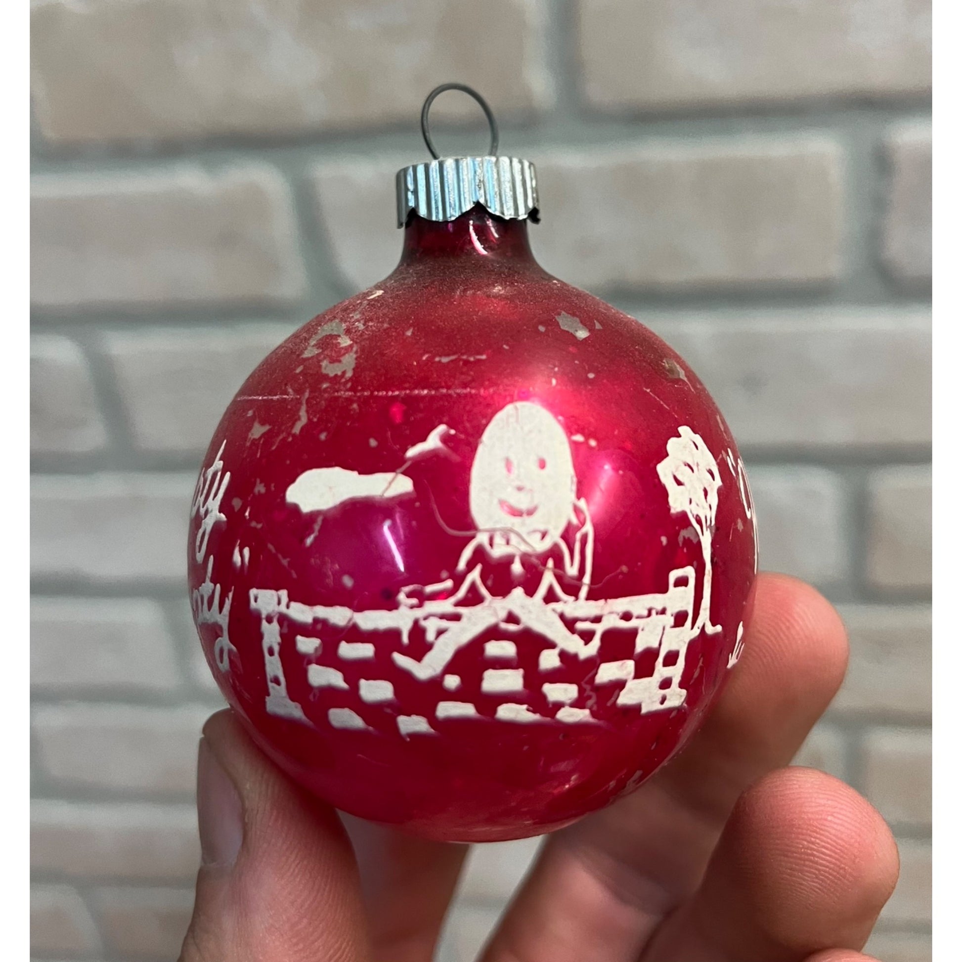 Vintage Mercury Glass Humpty Dumpty Stencil Xmas Ornament Shiny Brite ~ 2-1/2"