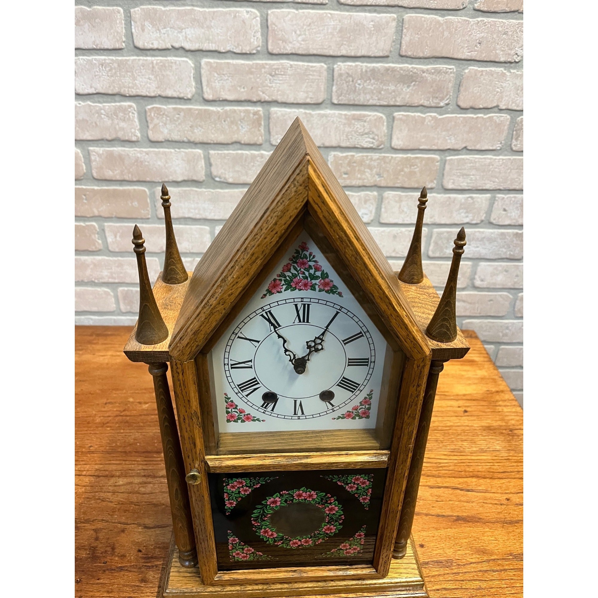 West Germany Jauch Early American Gothic Steeple Mantel Table Shelf Clock 1970s