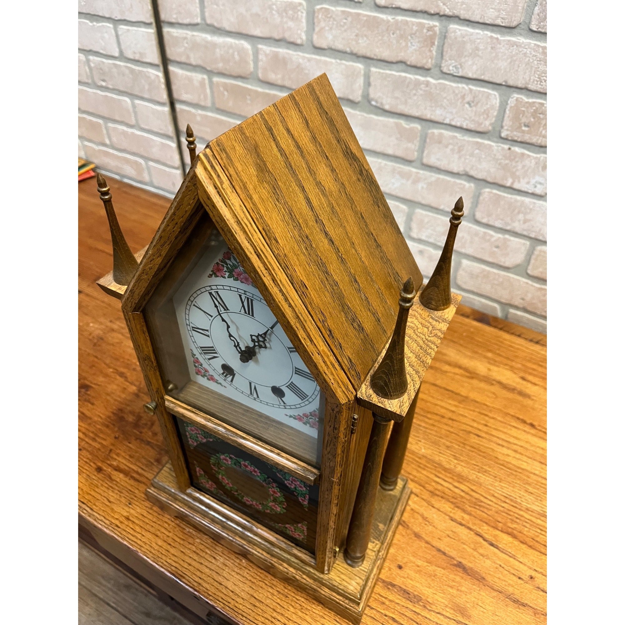 West Germany Jauch Early American Gothic Steeple Mantel Table Shelf Clock 1970s