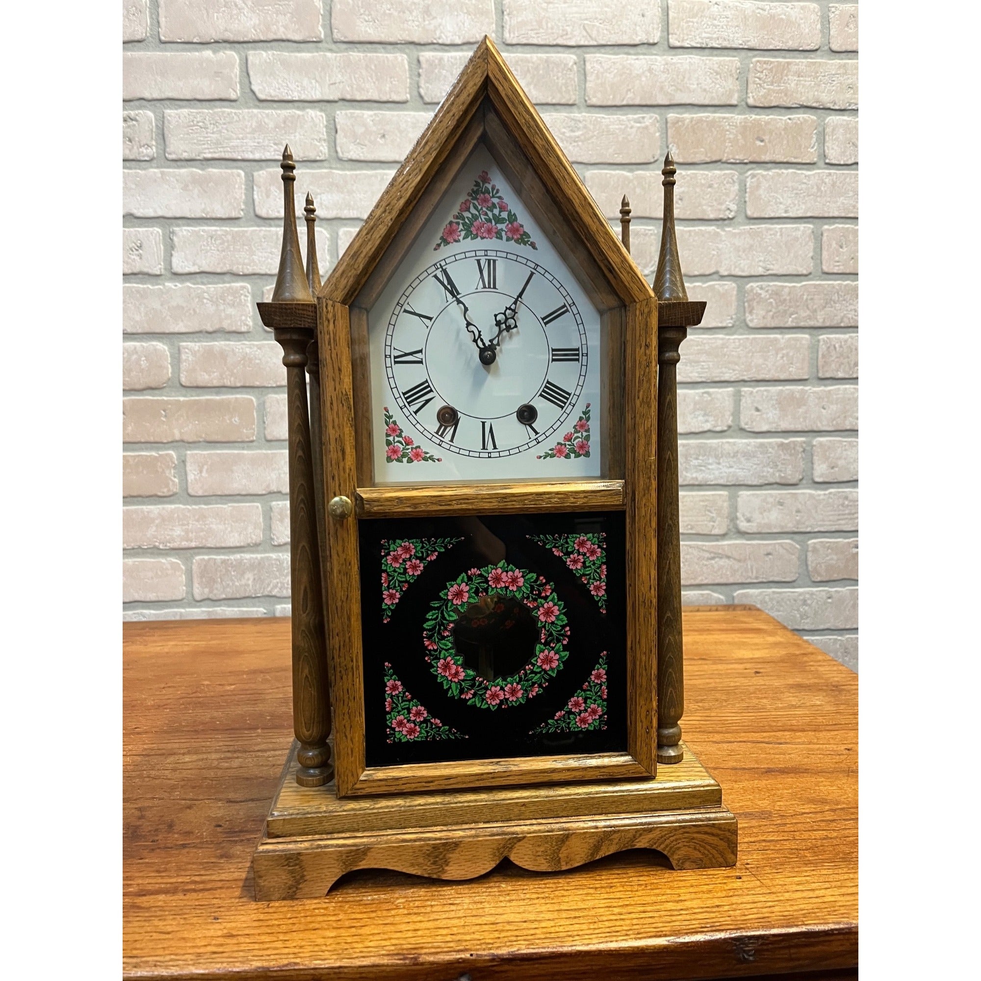 West Germany Jauch Early American Gothic Steeple Mantel Table Shelf Clock 1970s