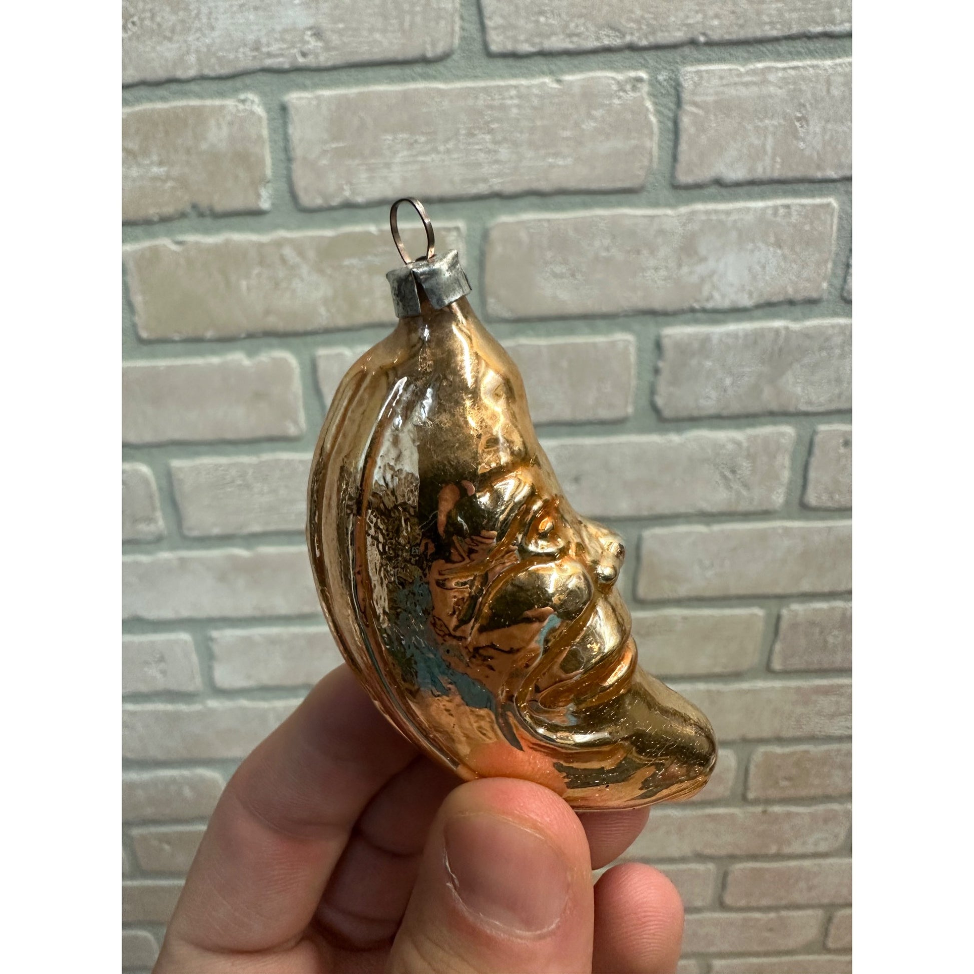 Vintage West Germany Glass Crescent Man in The Moon Christmas Ornament