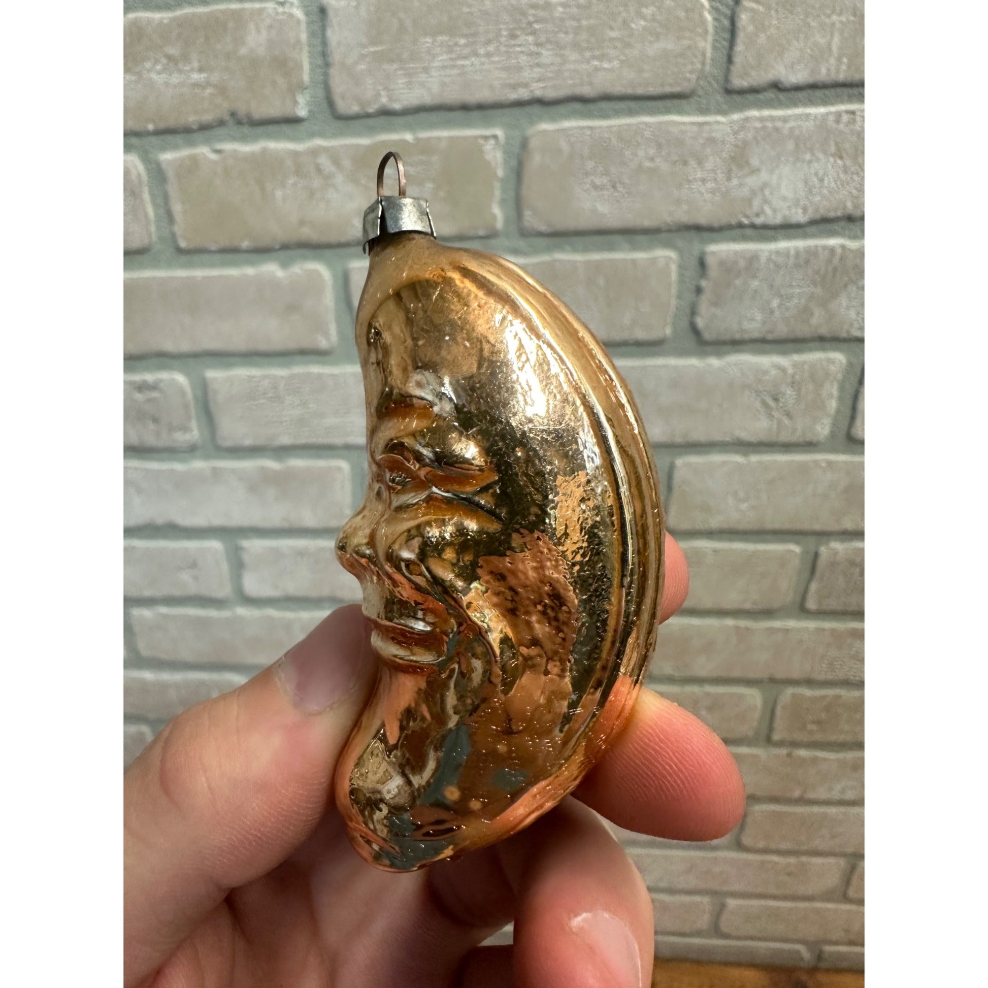 Vintage West Germany Glass Crescent Man in The Moon Christmas Ornament