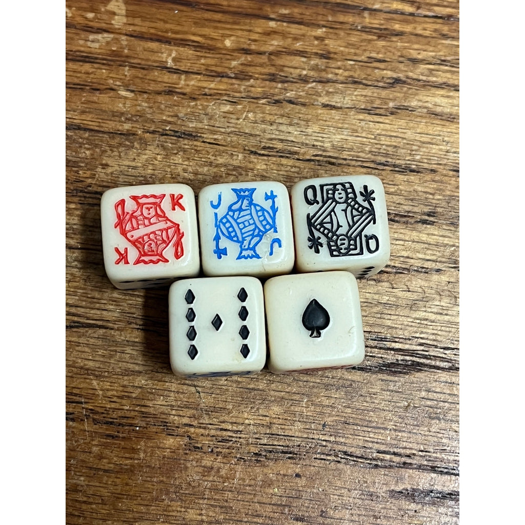 Vintage Poker Game Dice Six-Sided White Dice Five Total Queen Jack King Spade