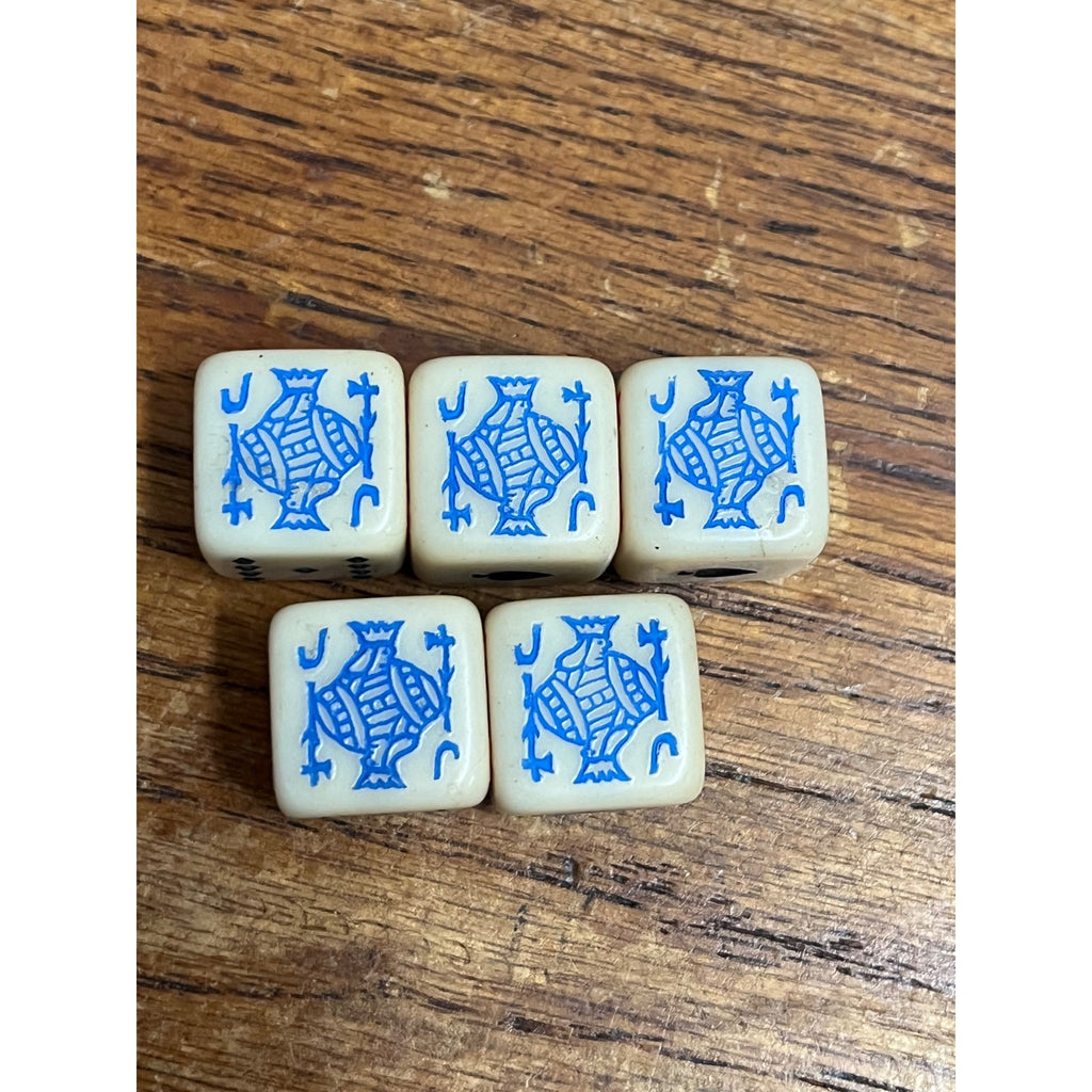 Vintage Poker Game Dice Six-Sided White Dice Five Total Queen Jack King Spade