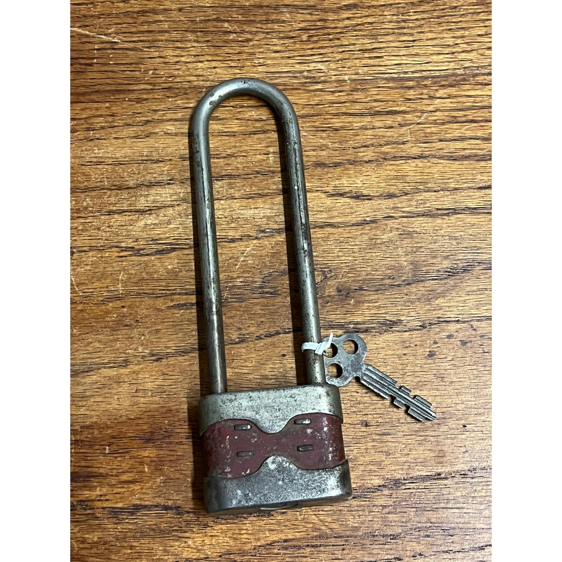 Vintage 1930s Red Bike Lock With Key Bicycle Padlock Long Shackle Works - Yale?
