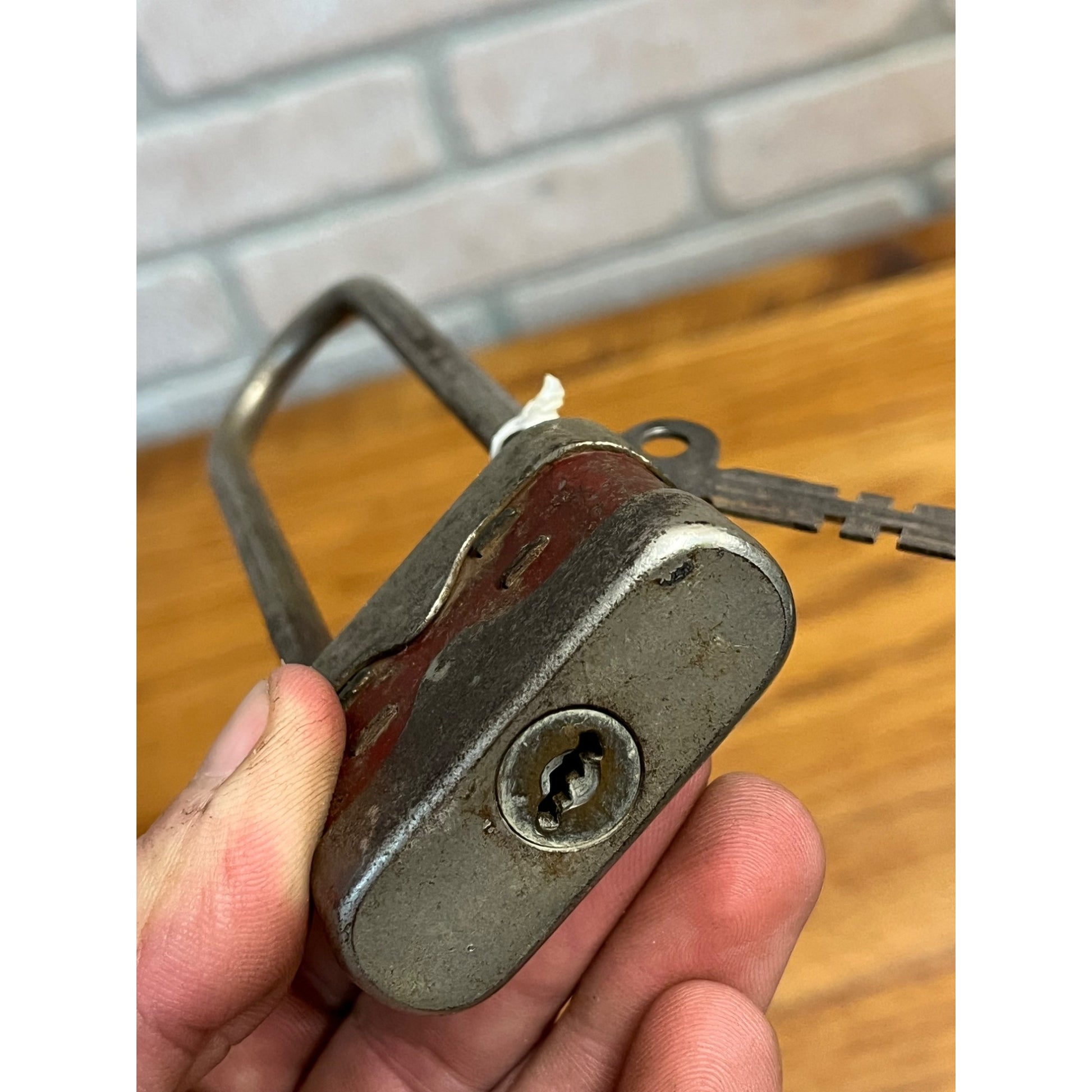 Vintage 1930s Red Bike Lock With Key Bicycle Padlock Long Shackle Works - Yale?