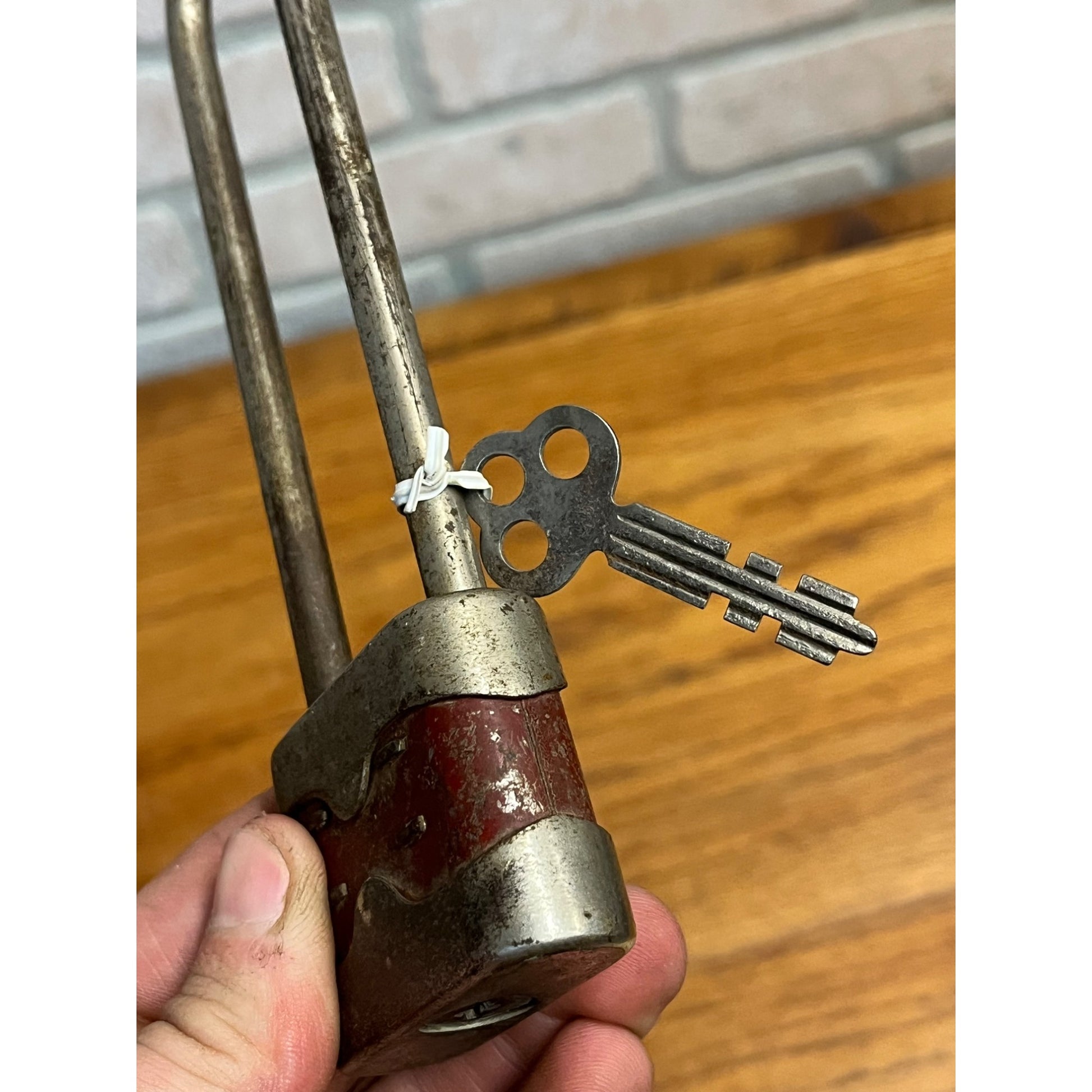 Vintage 1930s Red Bike Lock With Key Bicycle Padlock Long Shackle Works - Yale?