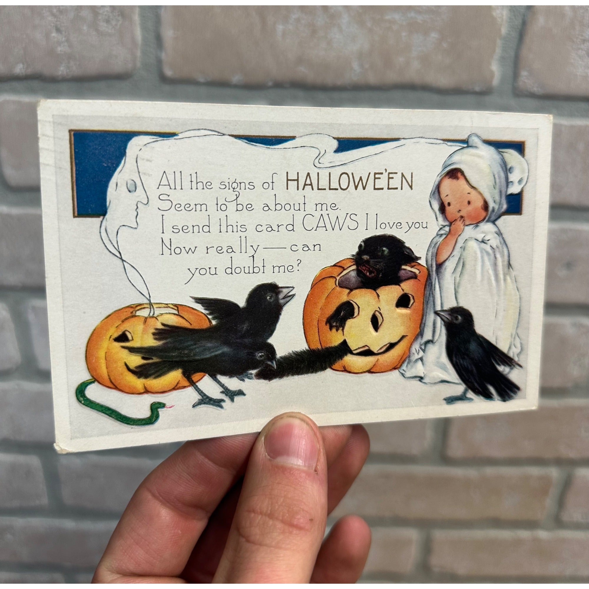 Vintage Halloween Whitney Postcard Black Cat JOL Crows Ravens Ghost Boy