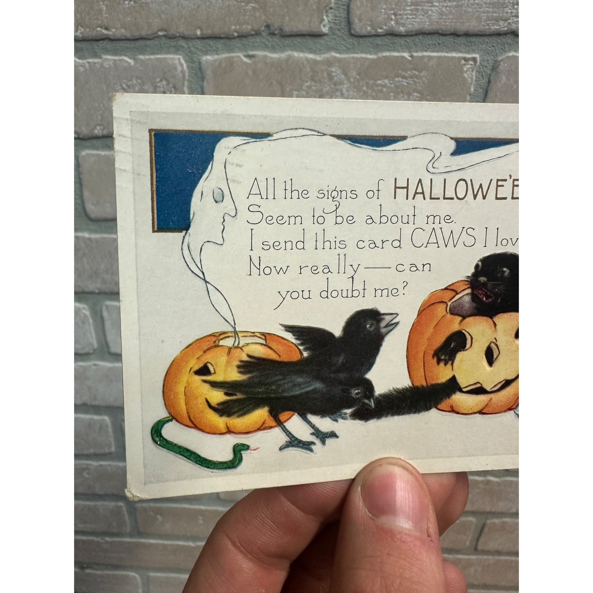 Vintage Halloween Whitney Postcard Black Cat JOL Crows Ravens Ghost Boy
