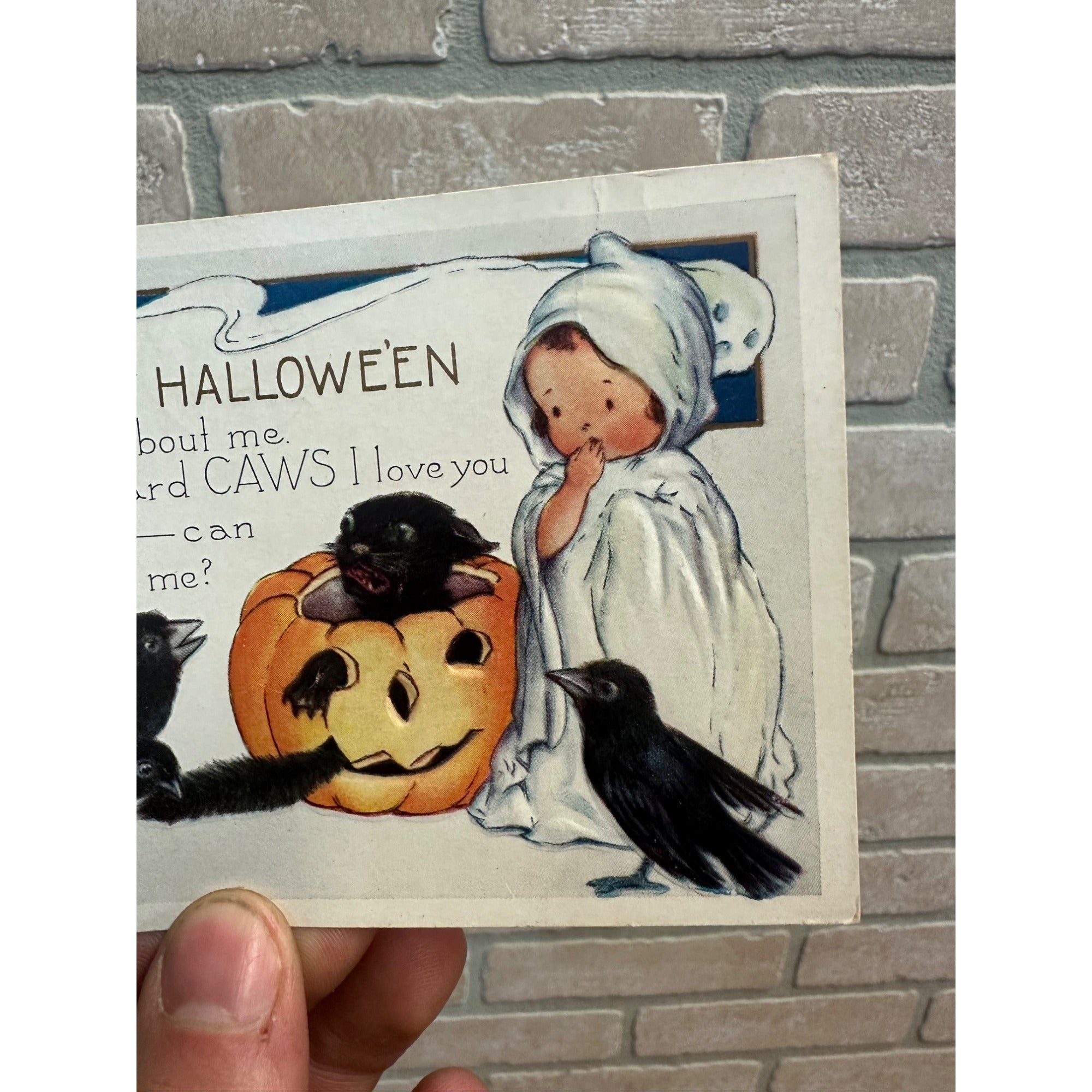 Vintage Halloween Whitney Postcard Black Cat JOL Crows Ravens Ghost Boy