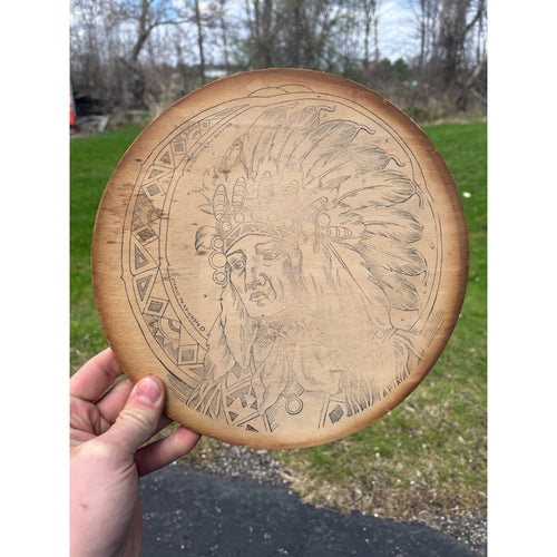 Vintage Native American Pyrography Wooden Wall Plaque Sign Flemish Art