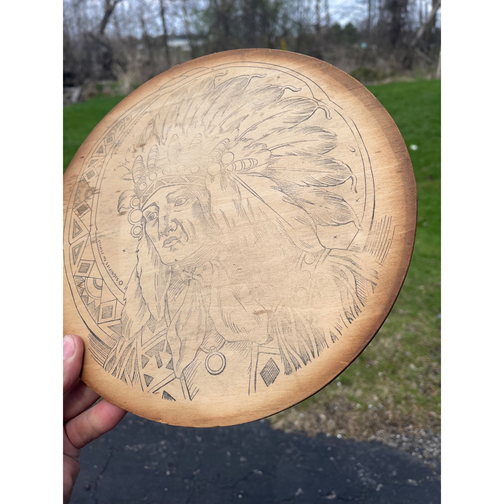 Vintage Native American Pyrography Wooden Wall Plaque Sign Flemish Art