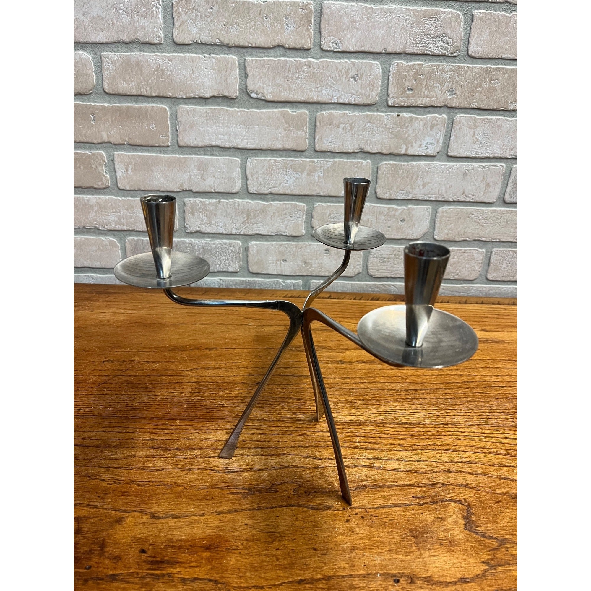Vintage MCM Gabis Sweden Stainless Steel Triple Candle Stick Holder
