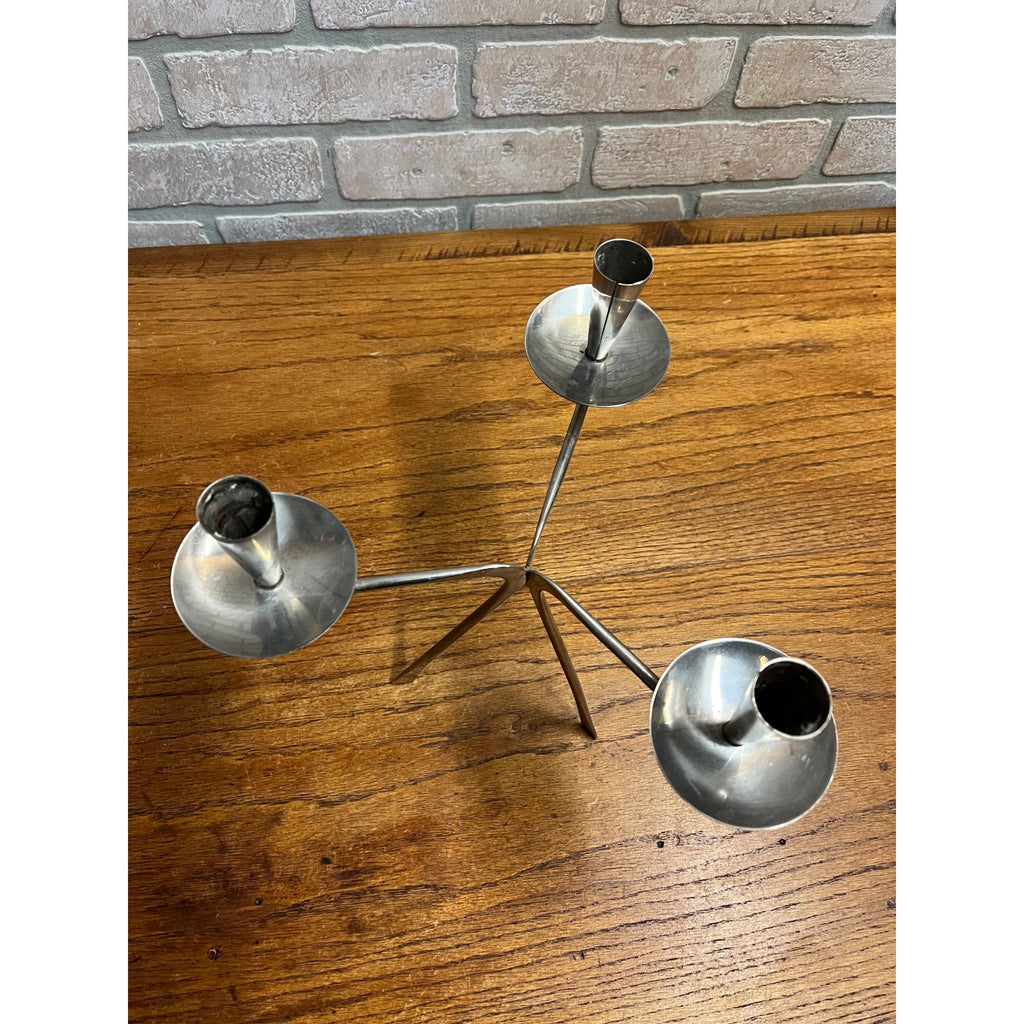 Vintage MCM Gabis Sweden Stainless Steel Triple Candle Stick Holder