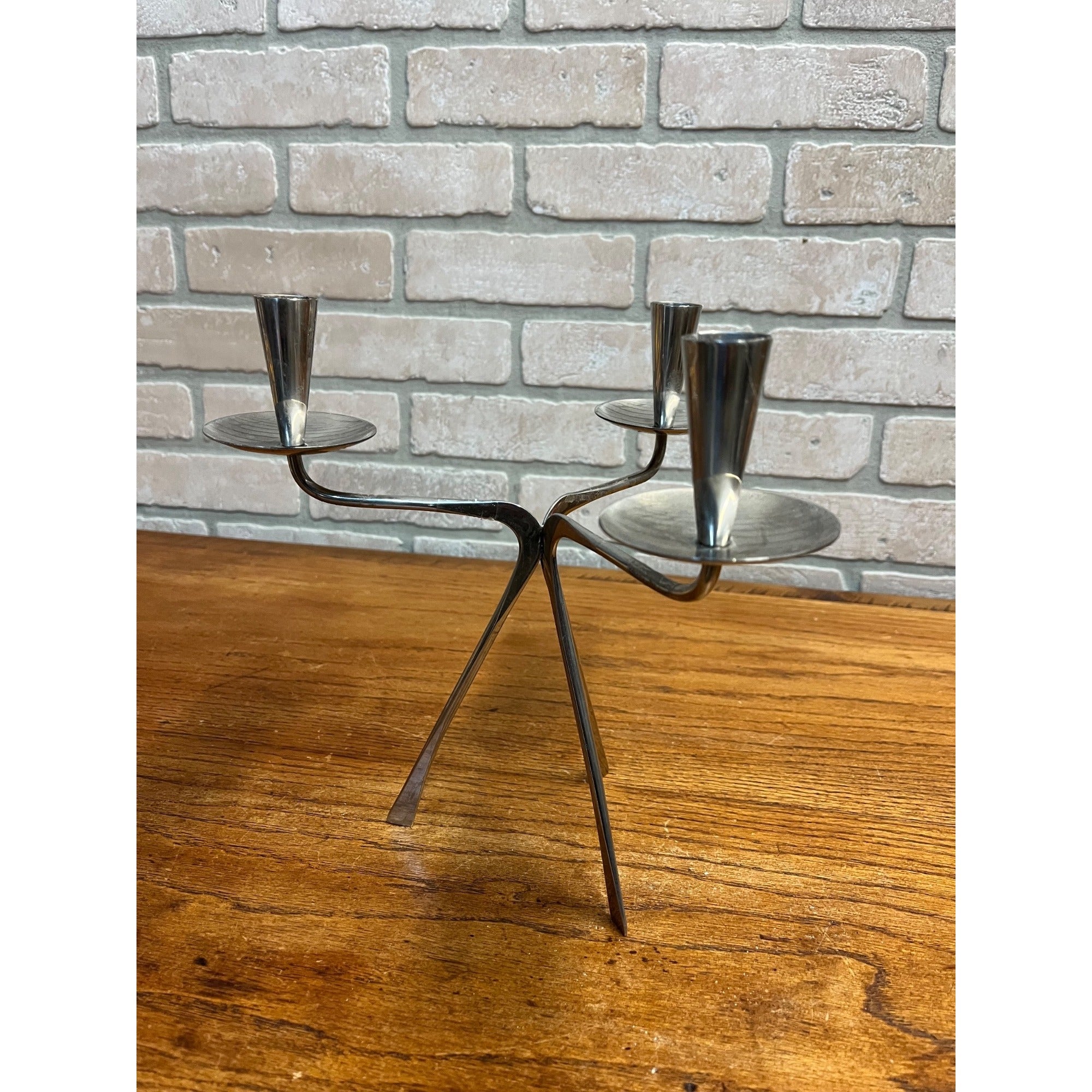 Vintage MCM Gabis Sweden Stainless Steel Triple Candle Stick Holder