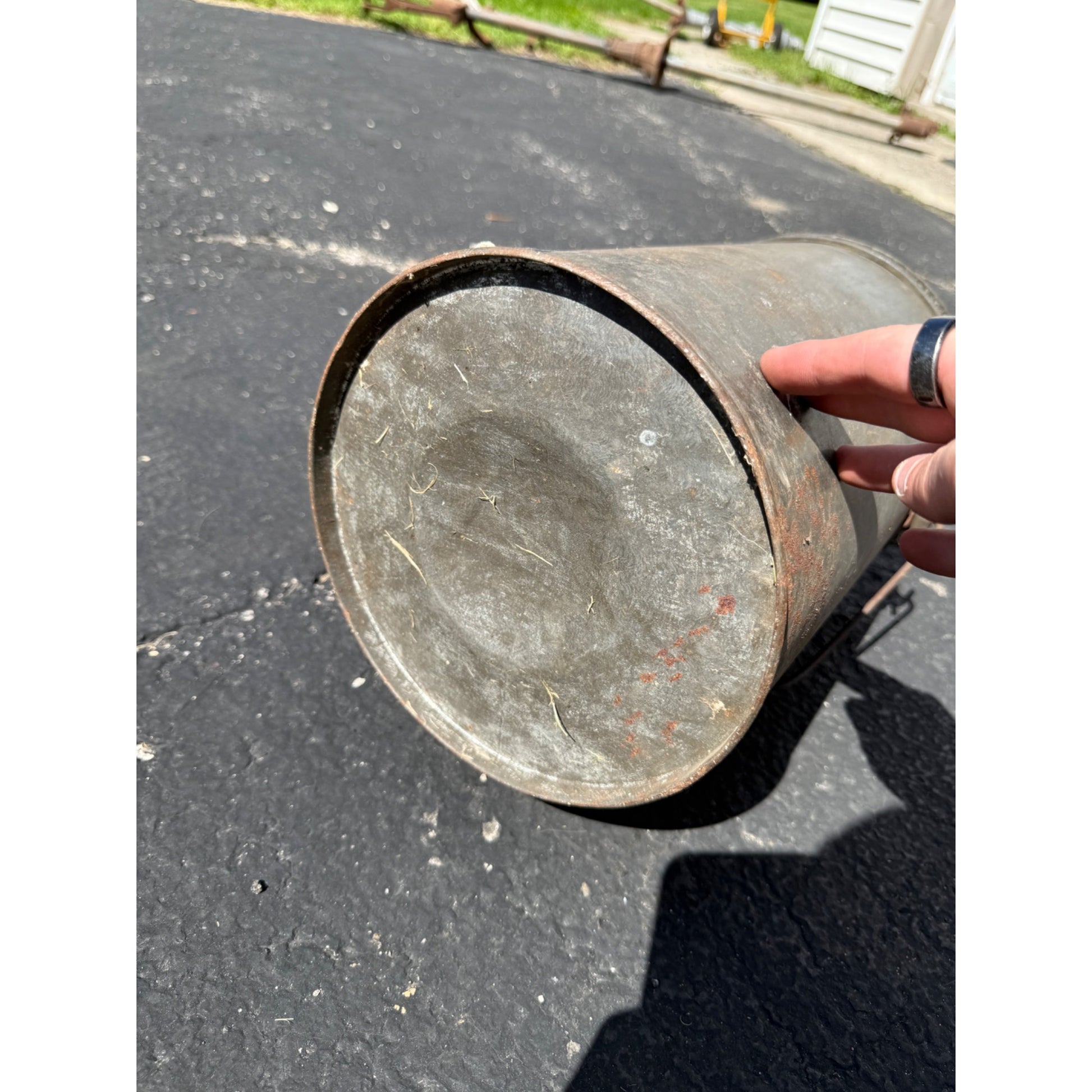 Vintage Metal Steel Tin Milk Farm Pail Bucket w/ Wood Bail Handle