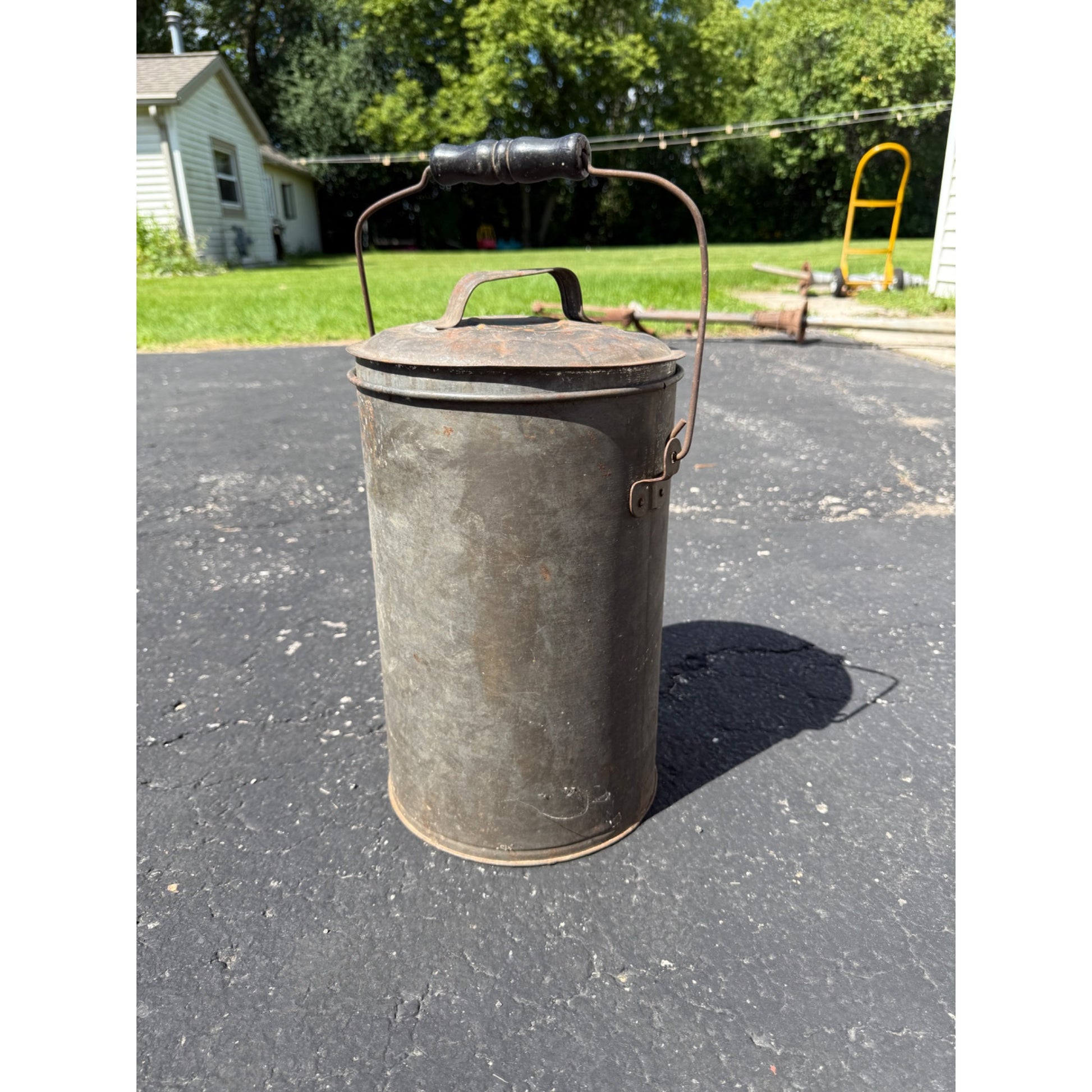 Vintage Metal Steel Tin Milk Farm Pail Bucket w/ Wood Bail Handle