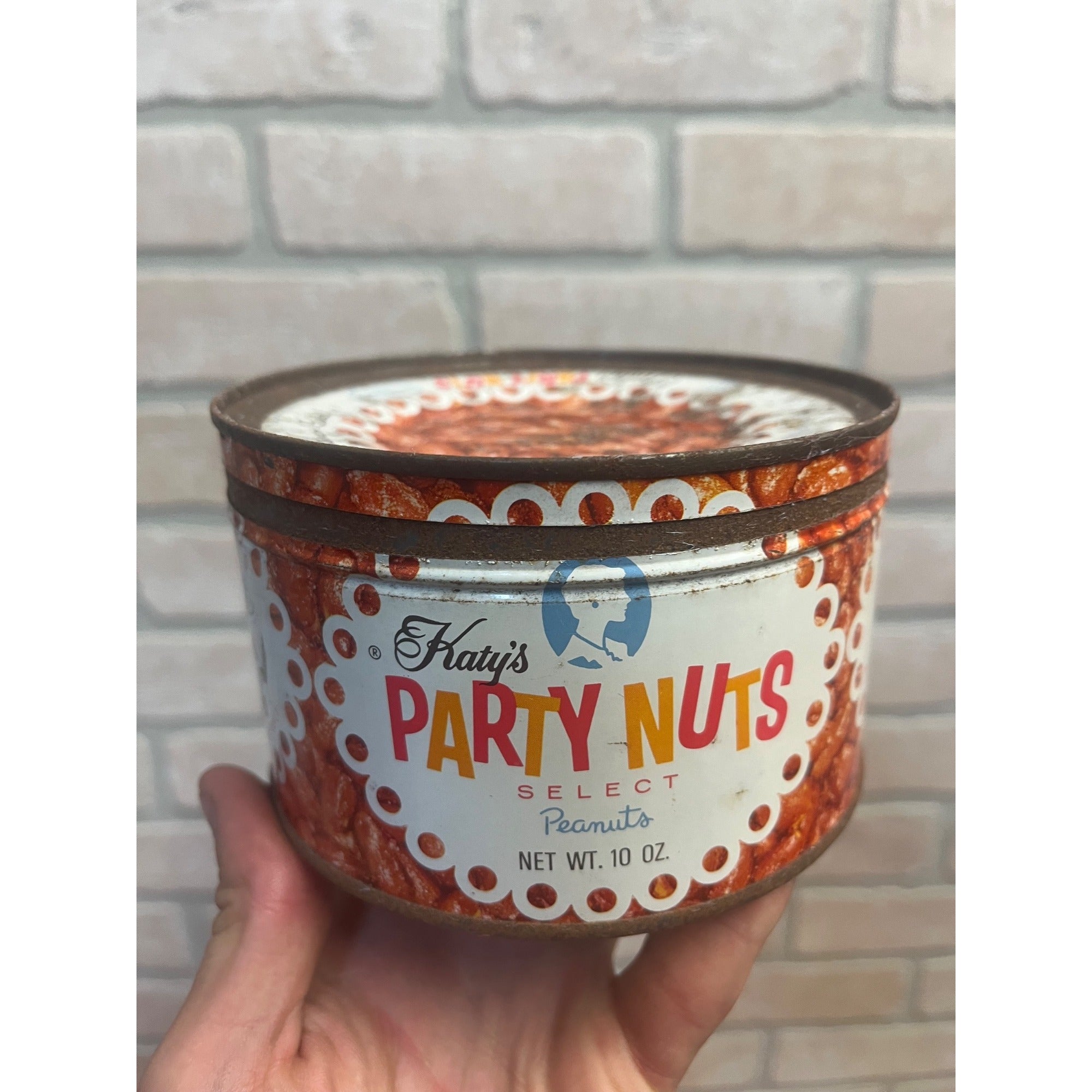 Vintage Katy's Party Nuts Peanuts 10 OZ Advertising Tin Primitive Kitchen Decor