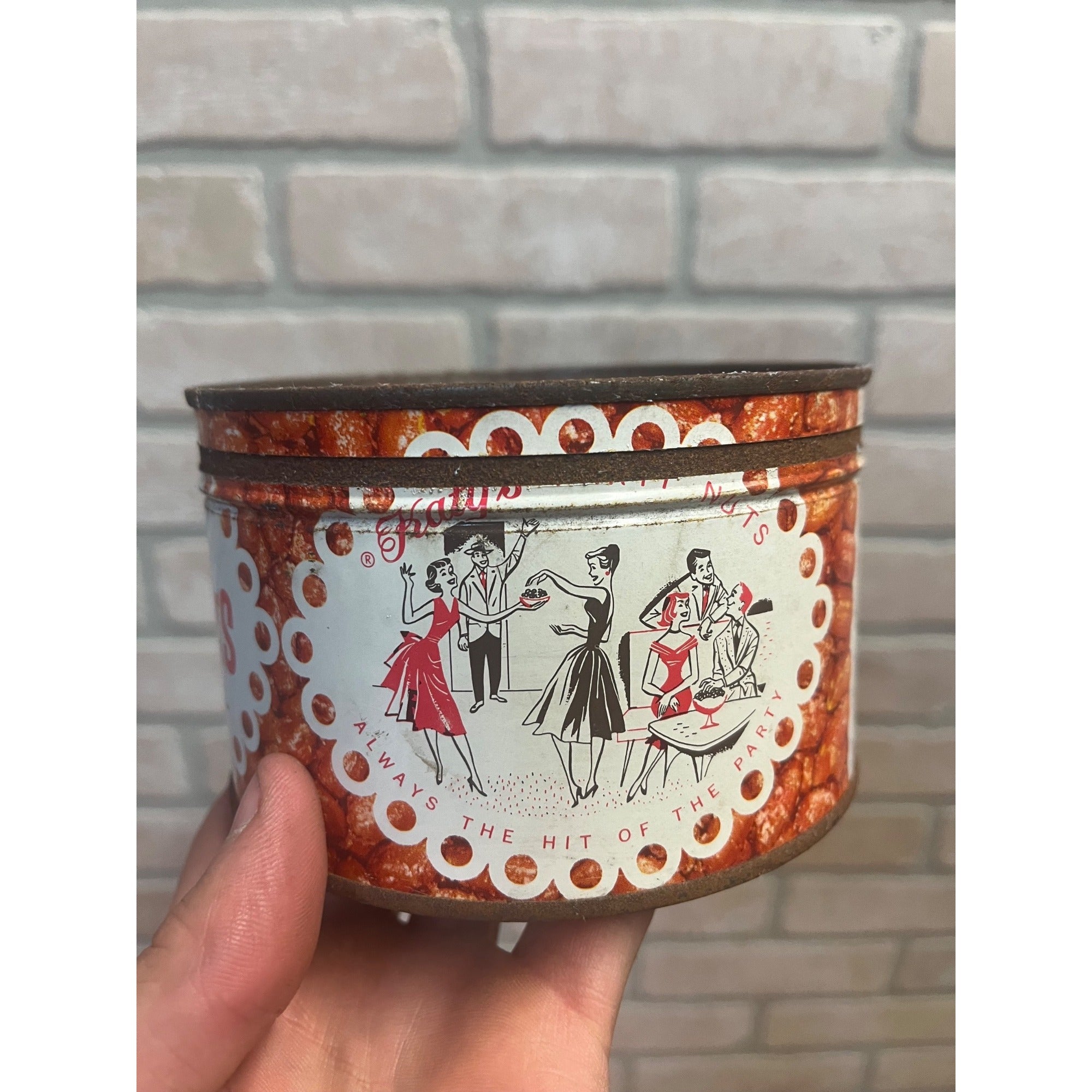 Vintage Katy's Party Nuts Peanuts 10 OZ Advertising Tin Primitive Kitchen Decor
