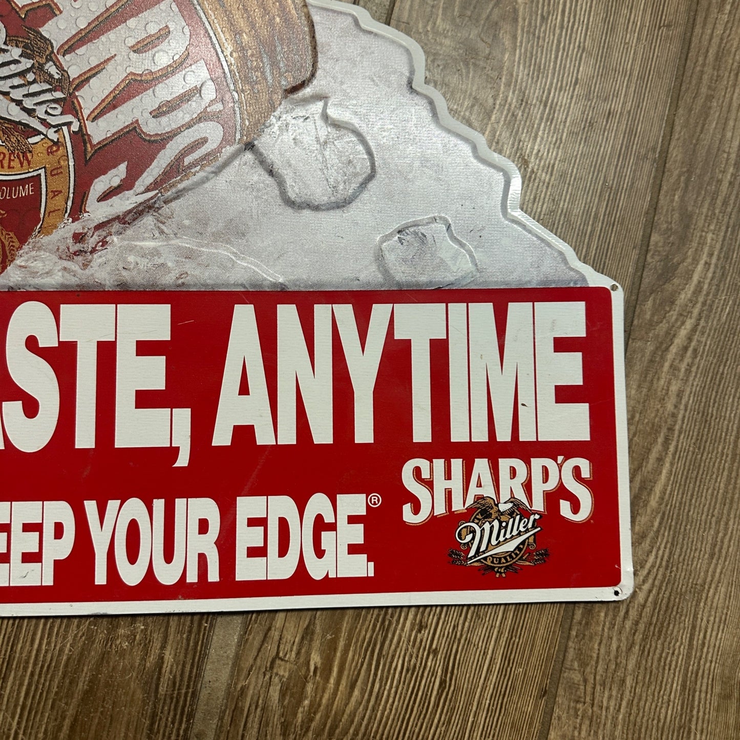 Vintage Sharp's Miller Great Beer Taste Anytime Keep Your Edge Tin Sign Bar