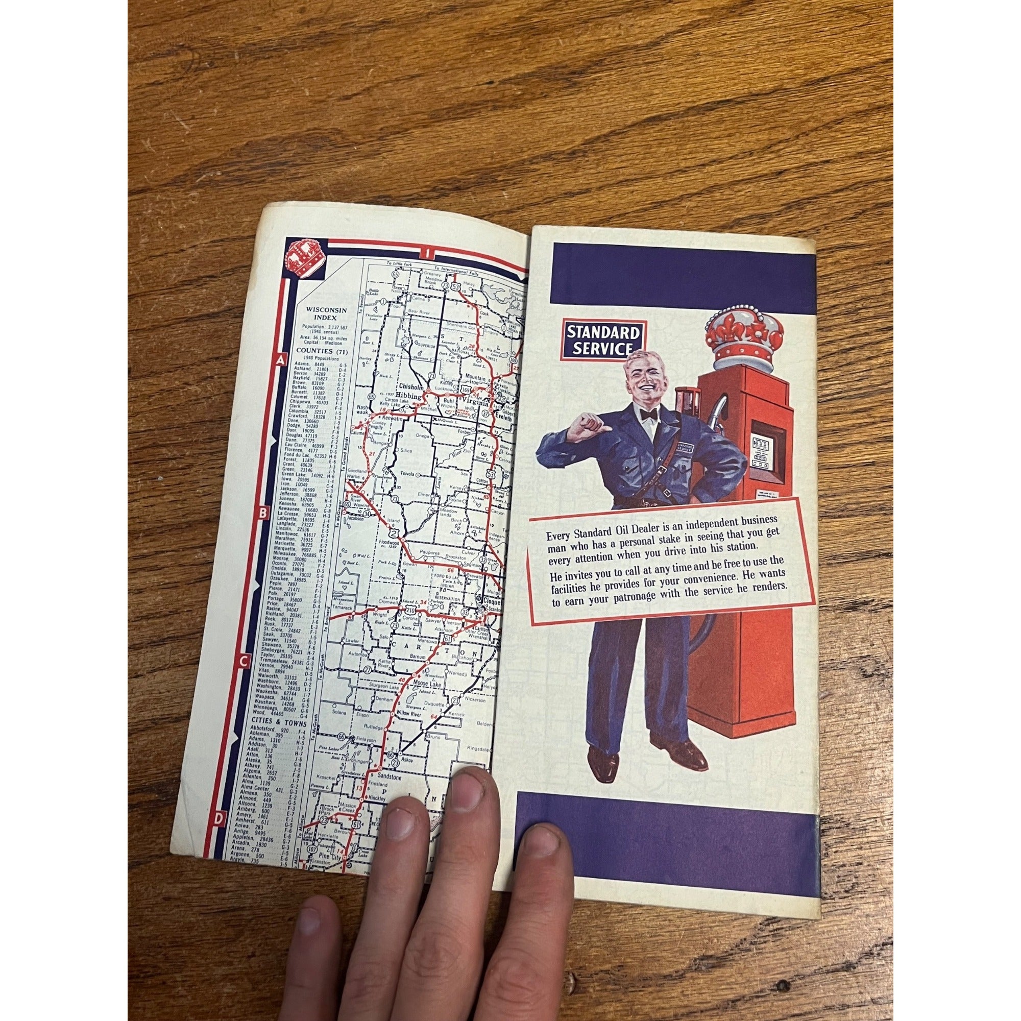 Vintage 1930s Wisconsin Standard Oil Red Crown Gas Service Station Road Map WI