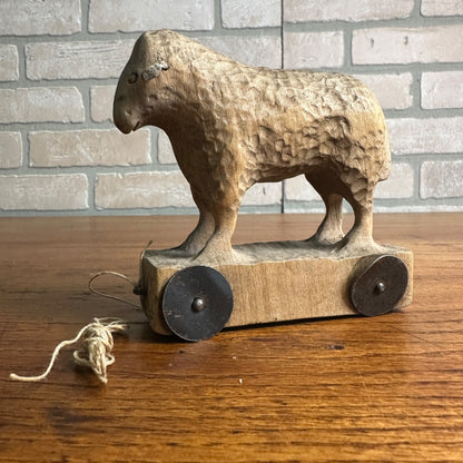 Antique Primitive Lamb Sheep Wooden Pull Toy Ornately Carved w/ Details OOAK