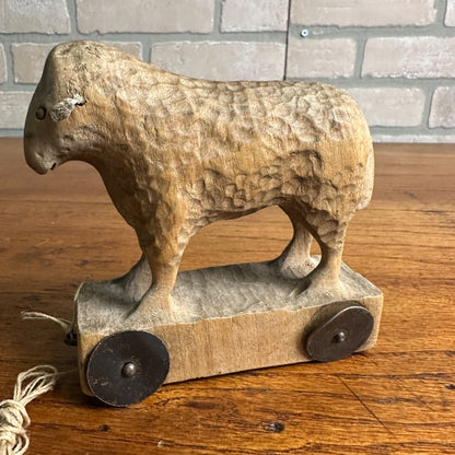 Antique Primitive Lamb Sheep Wooden Pull Toy Ornately Carved w/ Details OOAK