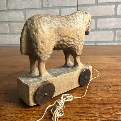 Antique Primitive Lamb Sheep Wooden Pull Toy Ornately Carved w/ Details OOAK